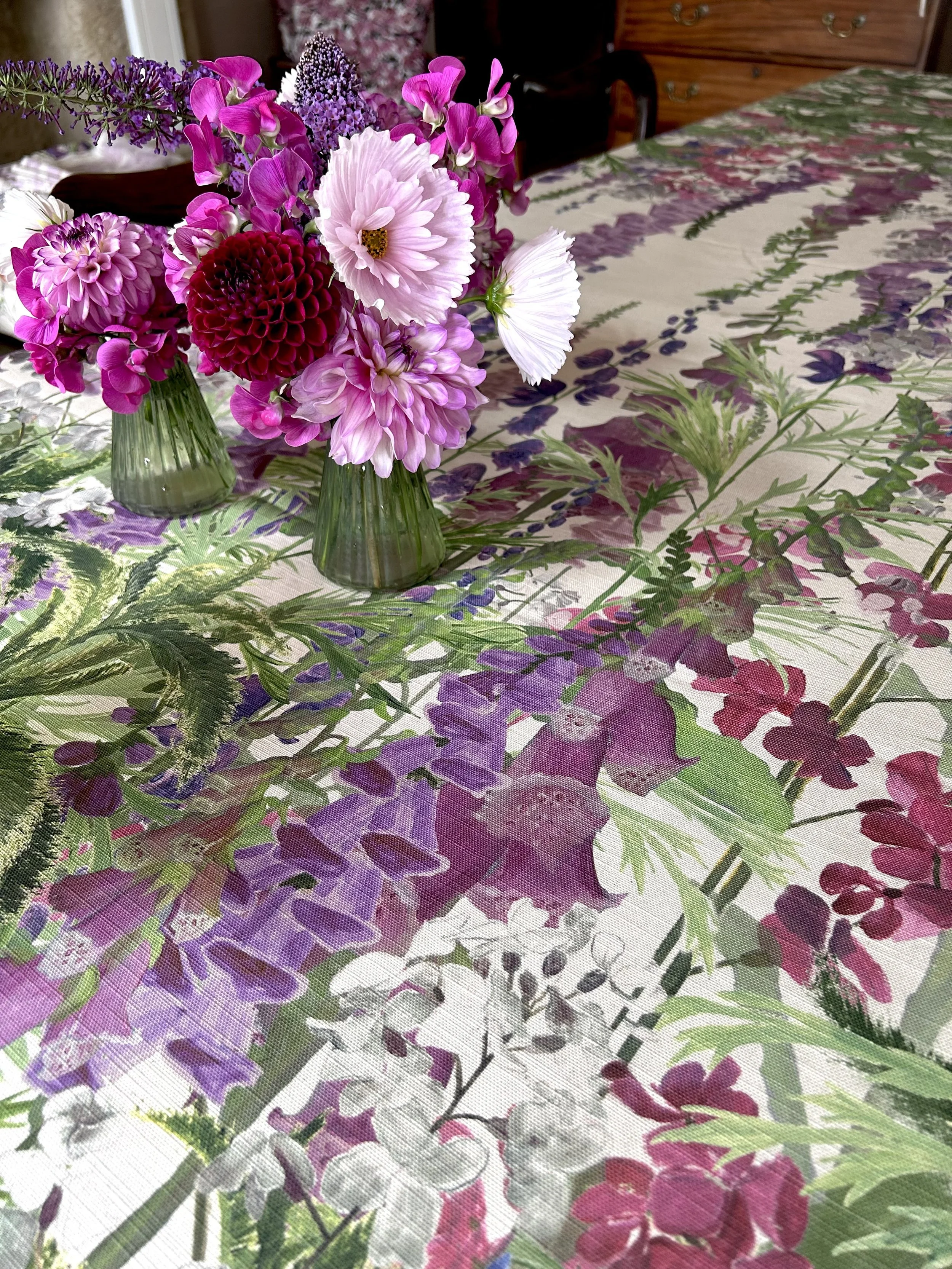 Katy Botanicals Foxglove tablecloth with home grown Dahlia and sweet pea flowers