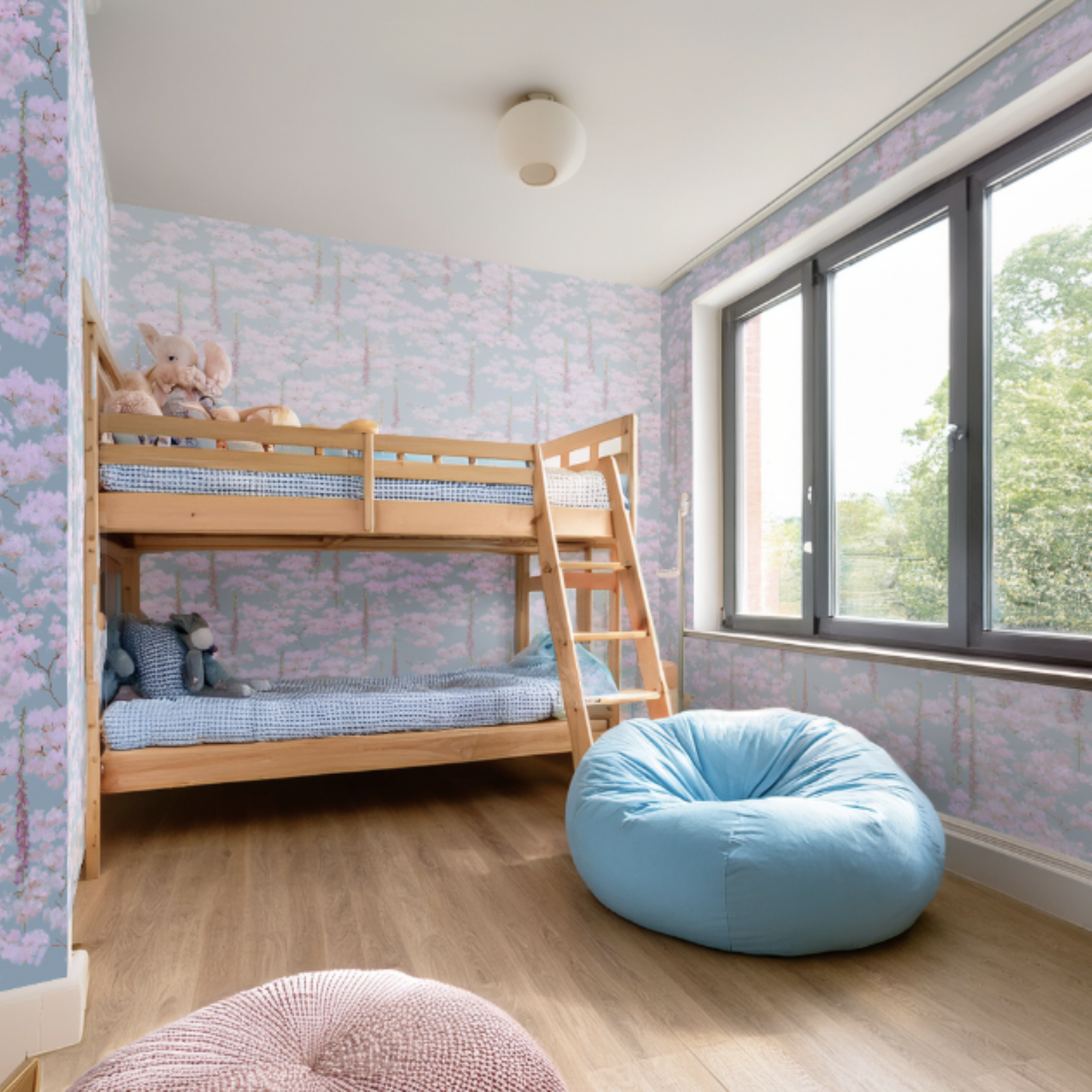 Cherry Blossom Sakuru wallpaper with sky blue background for children's room