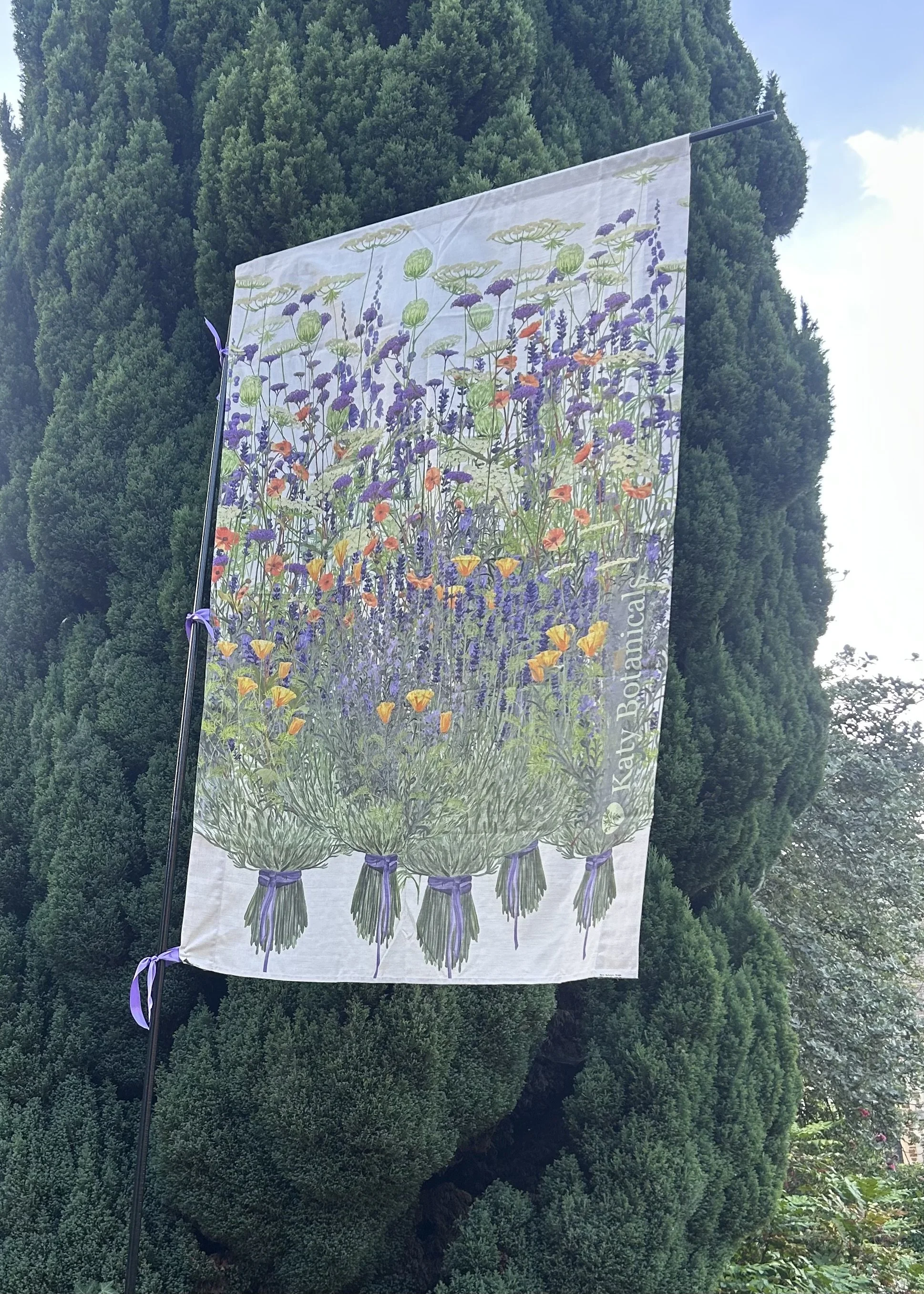 Katy Botanicals High Summer linen flag being exhibited at the Winchester Garden Festival
