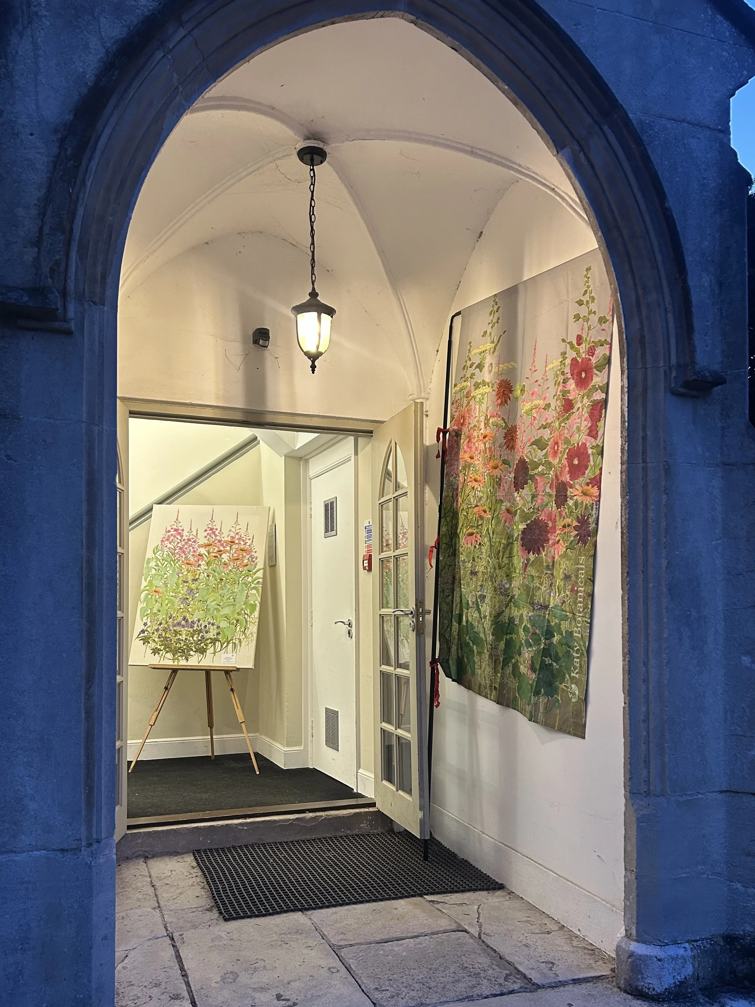 Katy Botanicals floral flag and Echinacea painting being exhibited as part of the Winchester Garden Festival