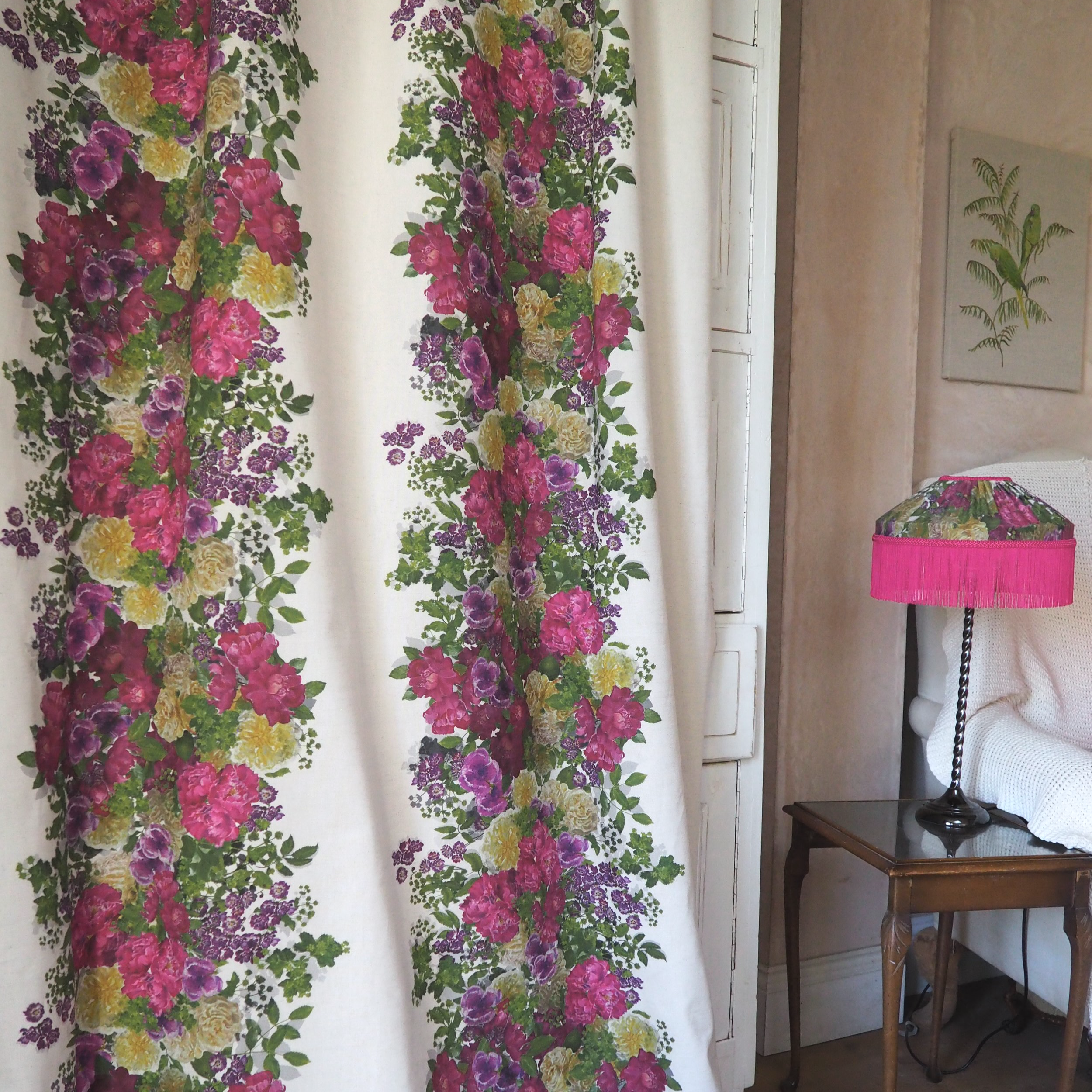 Hand painted rose garland linen and matching gathered lampshade by Jennifer Fraser lampshades