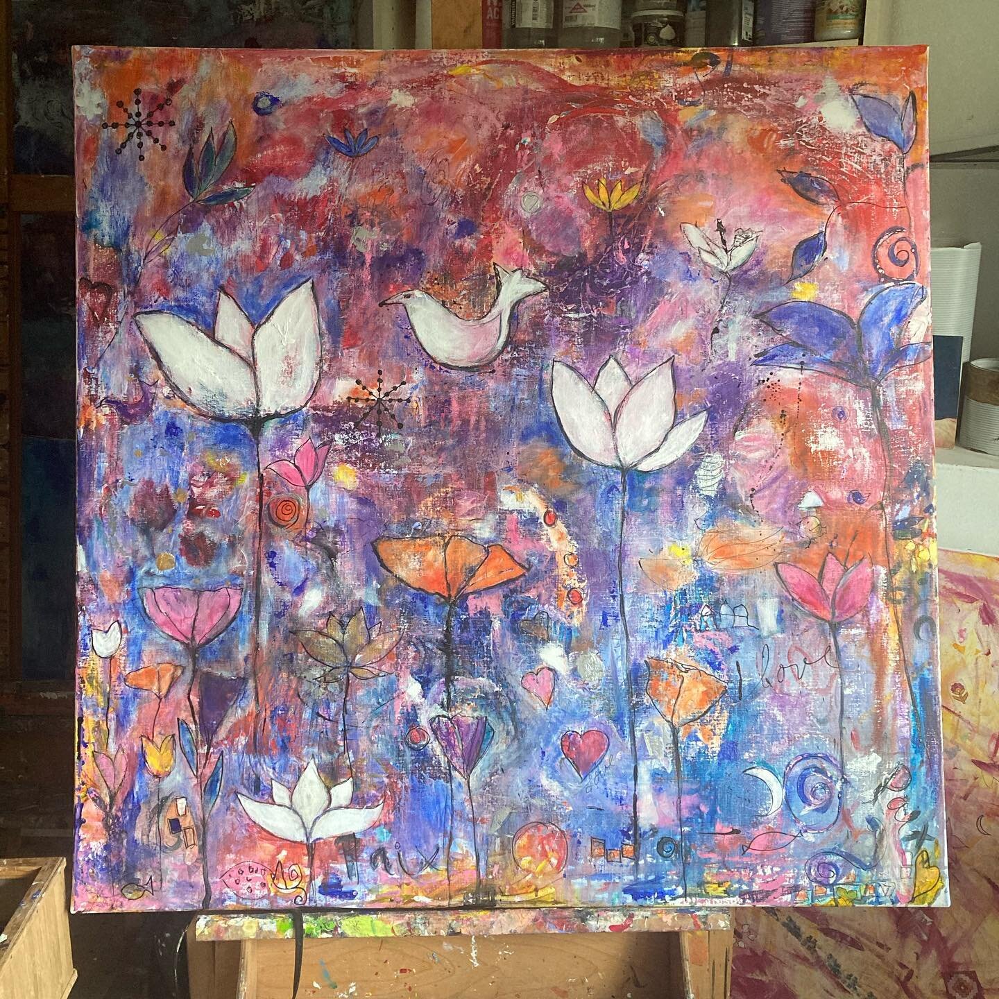 Stay in Peace ☮️ New painting..nearly finish !!!! Acrylic painting 
100x100 cm.  #peacefulart #colombe #staygulf #straphael #sttropez #paintings  #peinture #goodvibes #elevation #meditation #artstudio #theartstudio #marylarsson #swedishartist #colorf