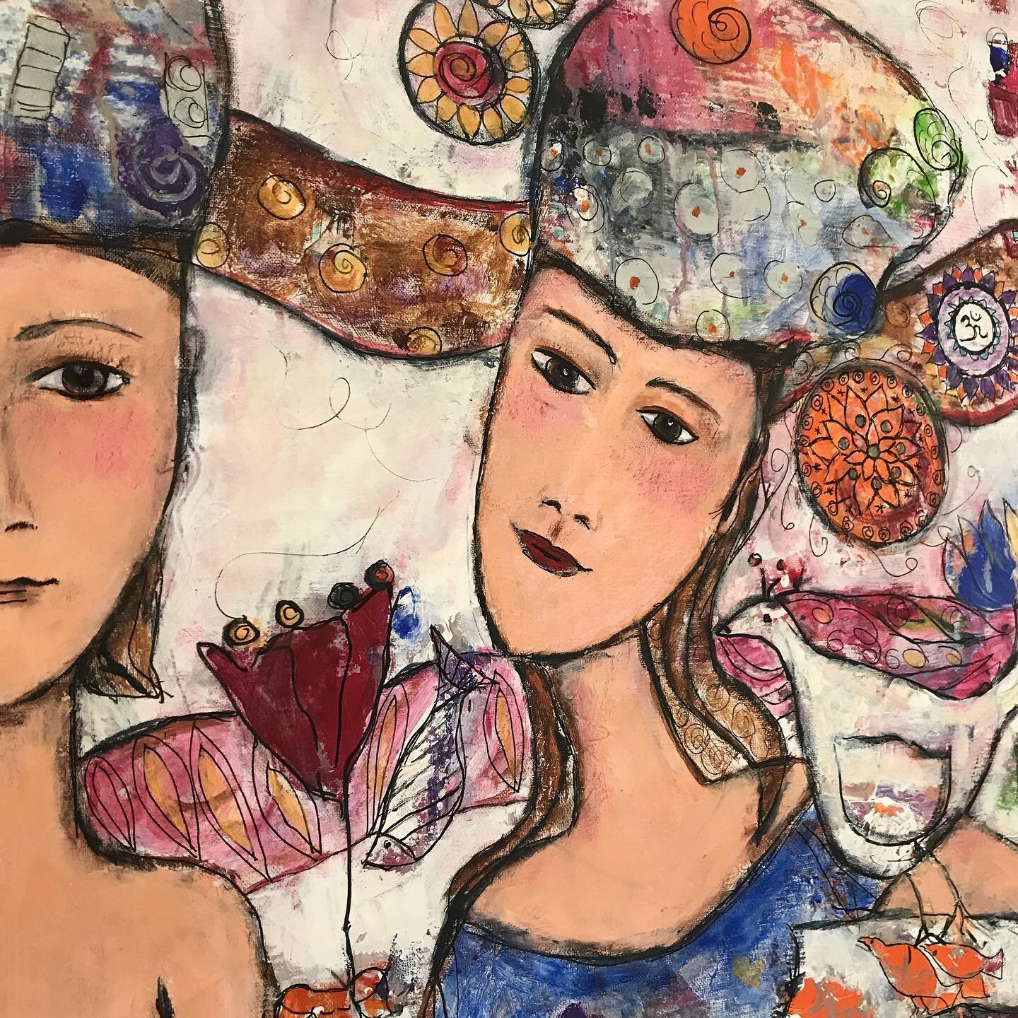 Détails du nouveau tableau &laquo;&nbsp;Friends&nbsp;&raquo; 🌼  80x80 cm.  #paintingfriends#staygulf#artstudio #galeriedart #amitie #happy#love#peace#peacefulart