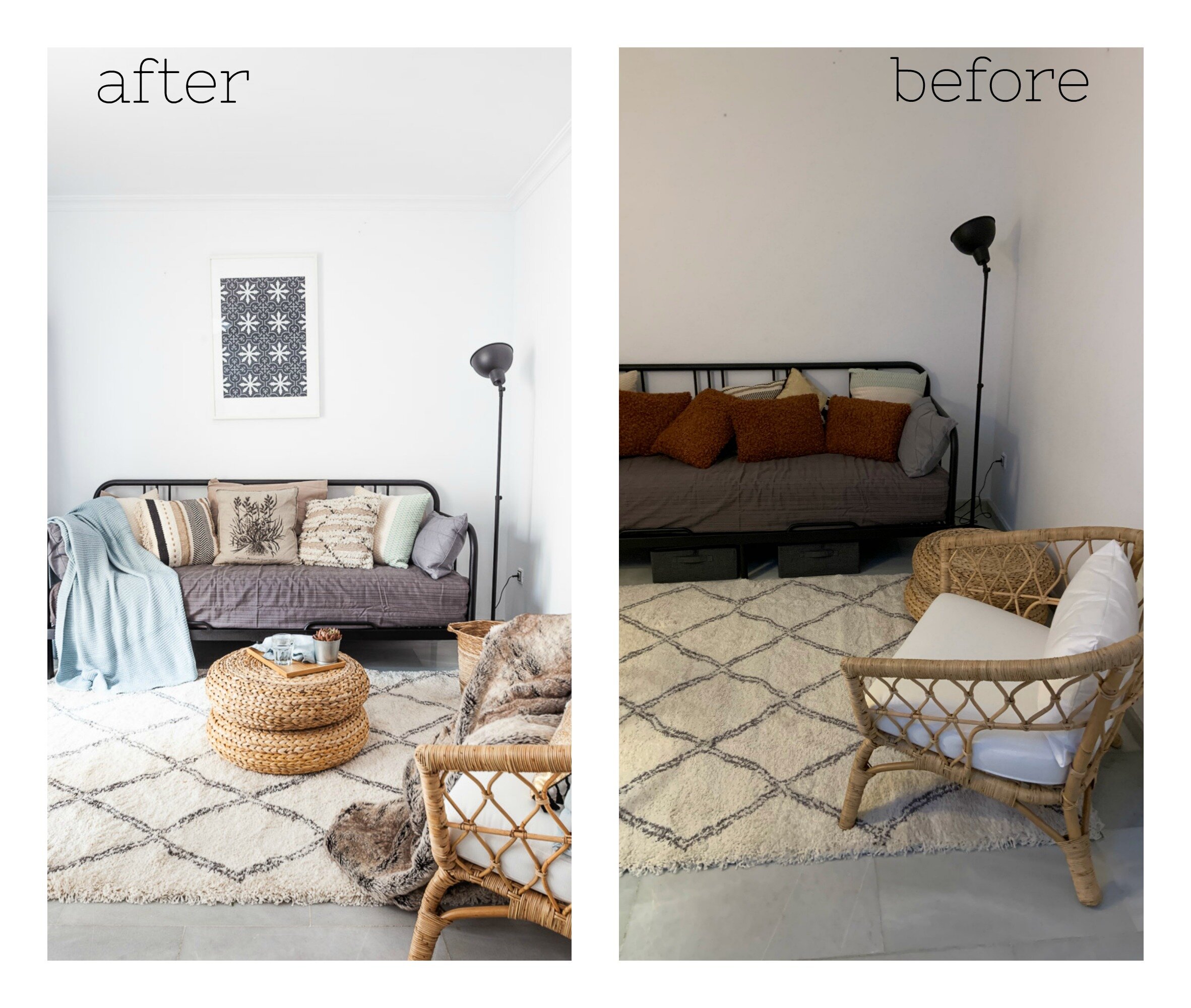 Cushions, blankets and pictures create a cosy atmosphere.