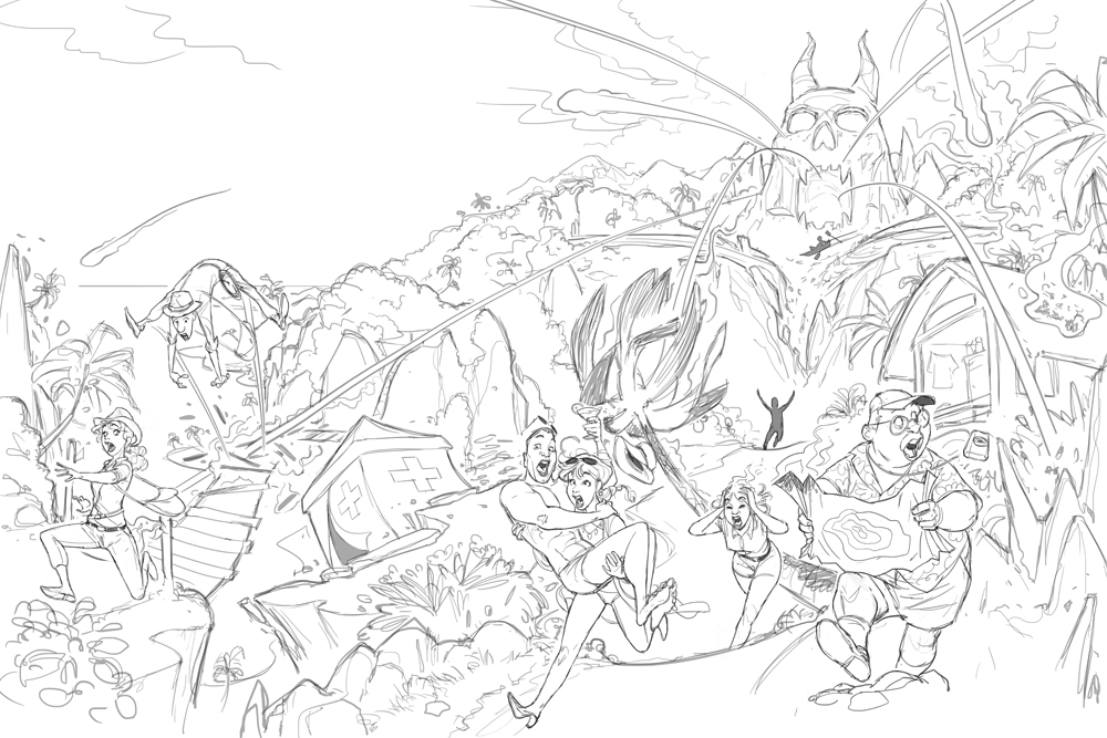 Fireball Island box cover - Initial sketch concept art