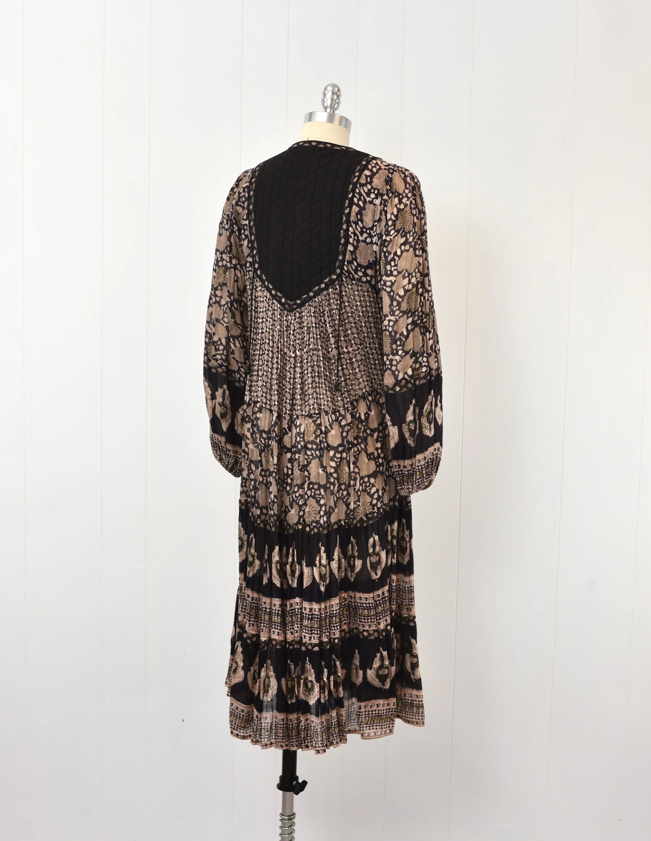 1970s Her Excellency Indian Cotton Hand Painted Beaded Boho Hippie Maxi Dress  Canned Ham Vintage