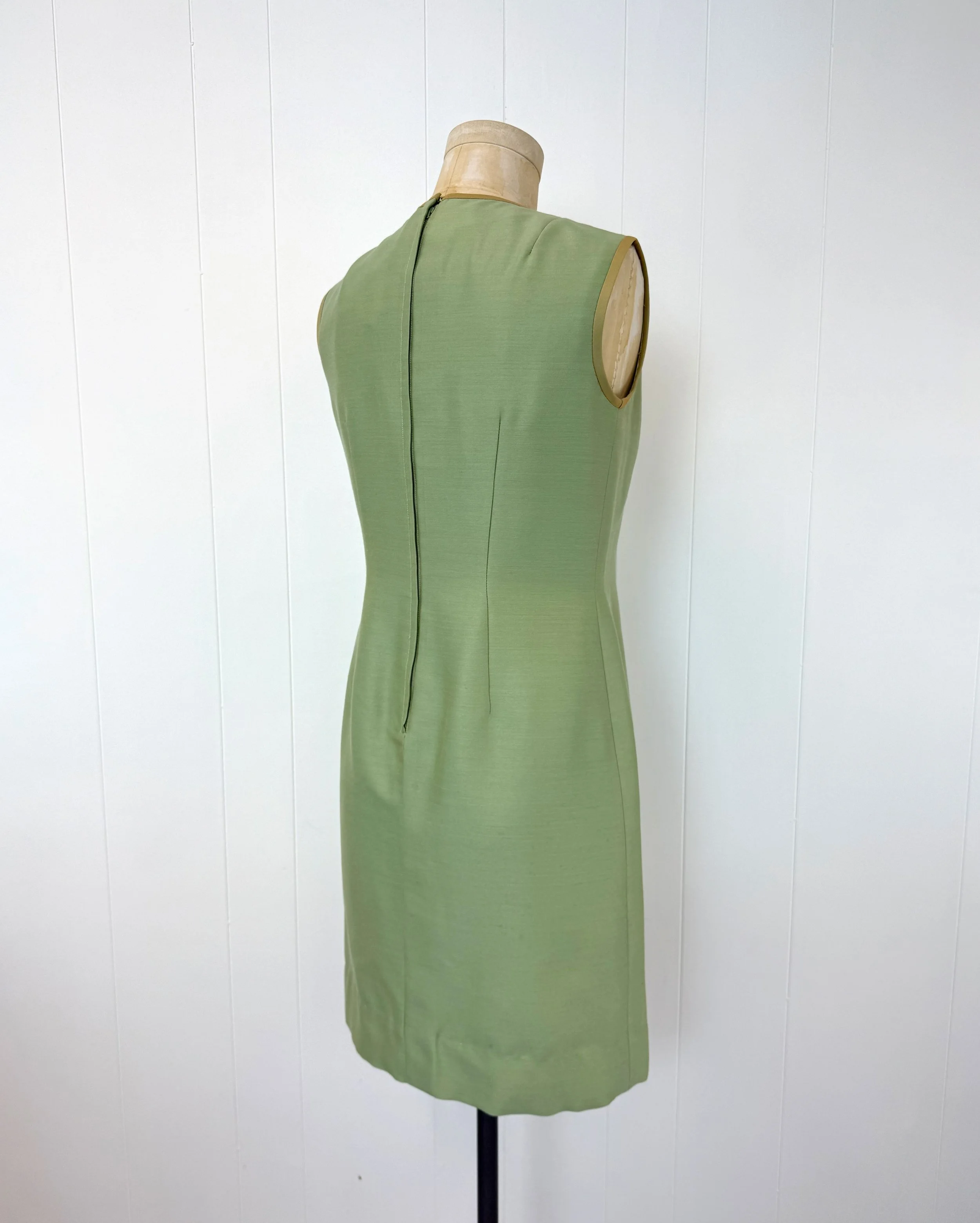 1960s Sage Green Silk Blend Frog Closure Mod Shift Dress As Is  Canned Ham  Vintage