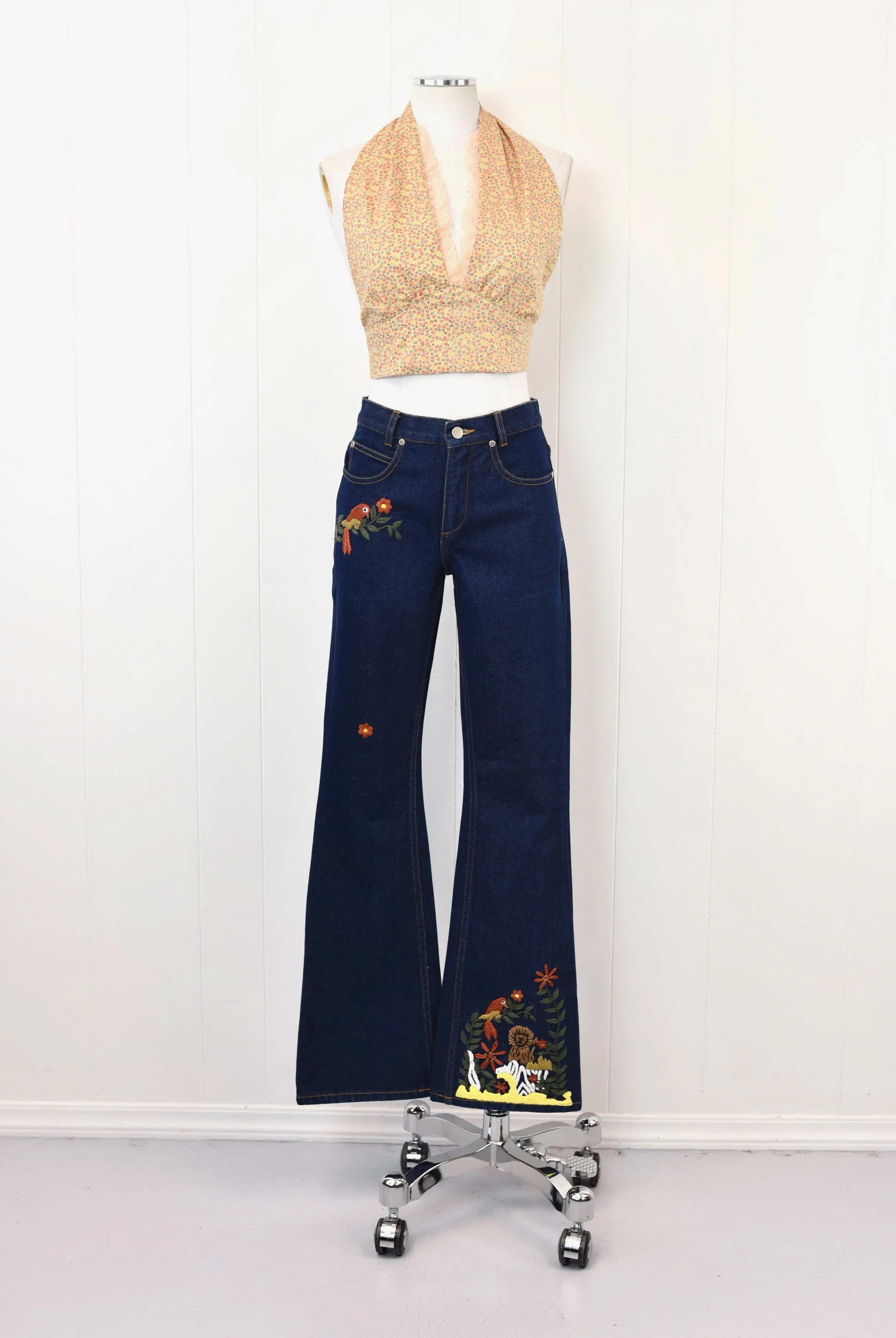 1970s Blue Denim Jeans Hand Embroidered Parrot Lion Floral Novelty