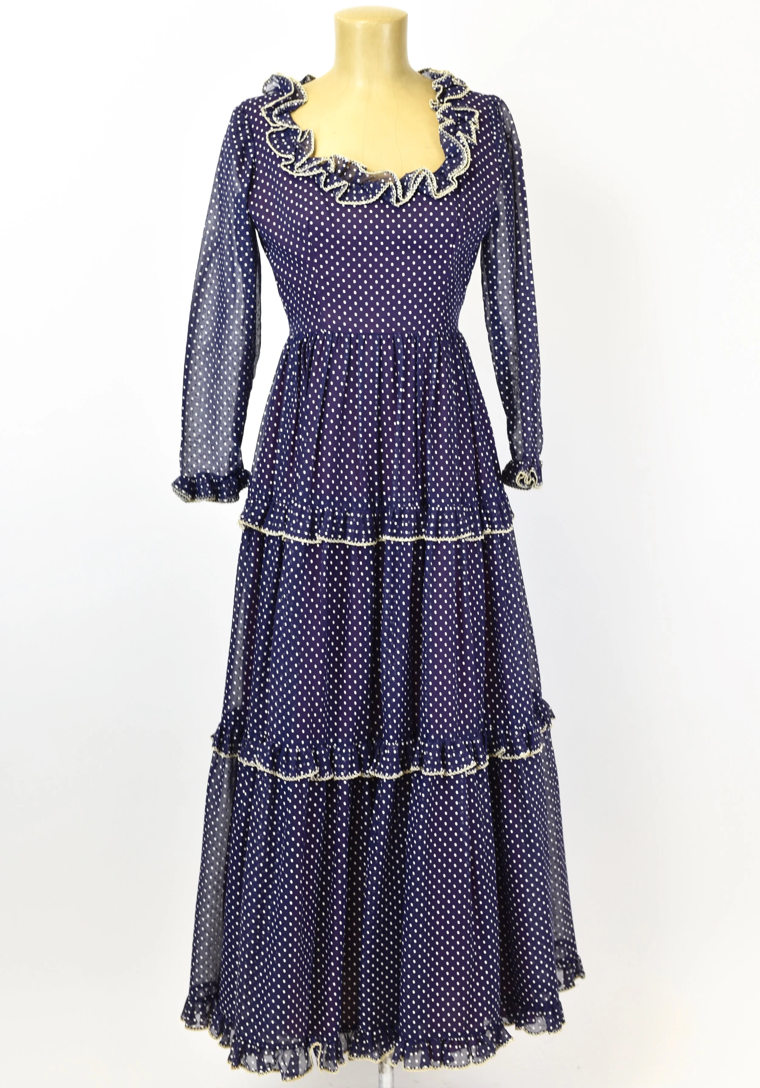 1970's Victor Costa Navy Polka Dot Maxi Dress