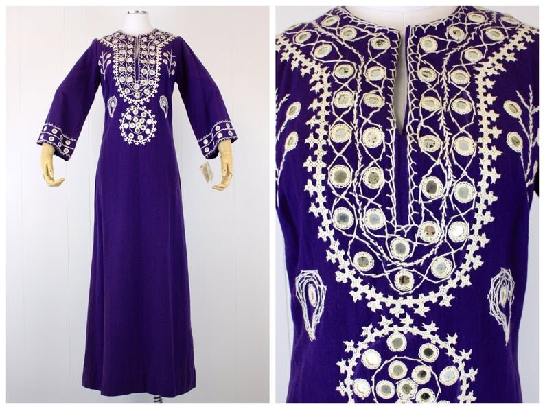 NOS 1970s Ramona Rull Deadstock Purple Embroidered Mirrors Design