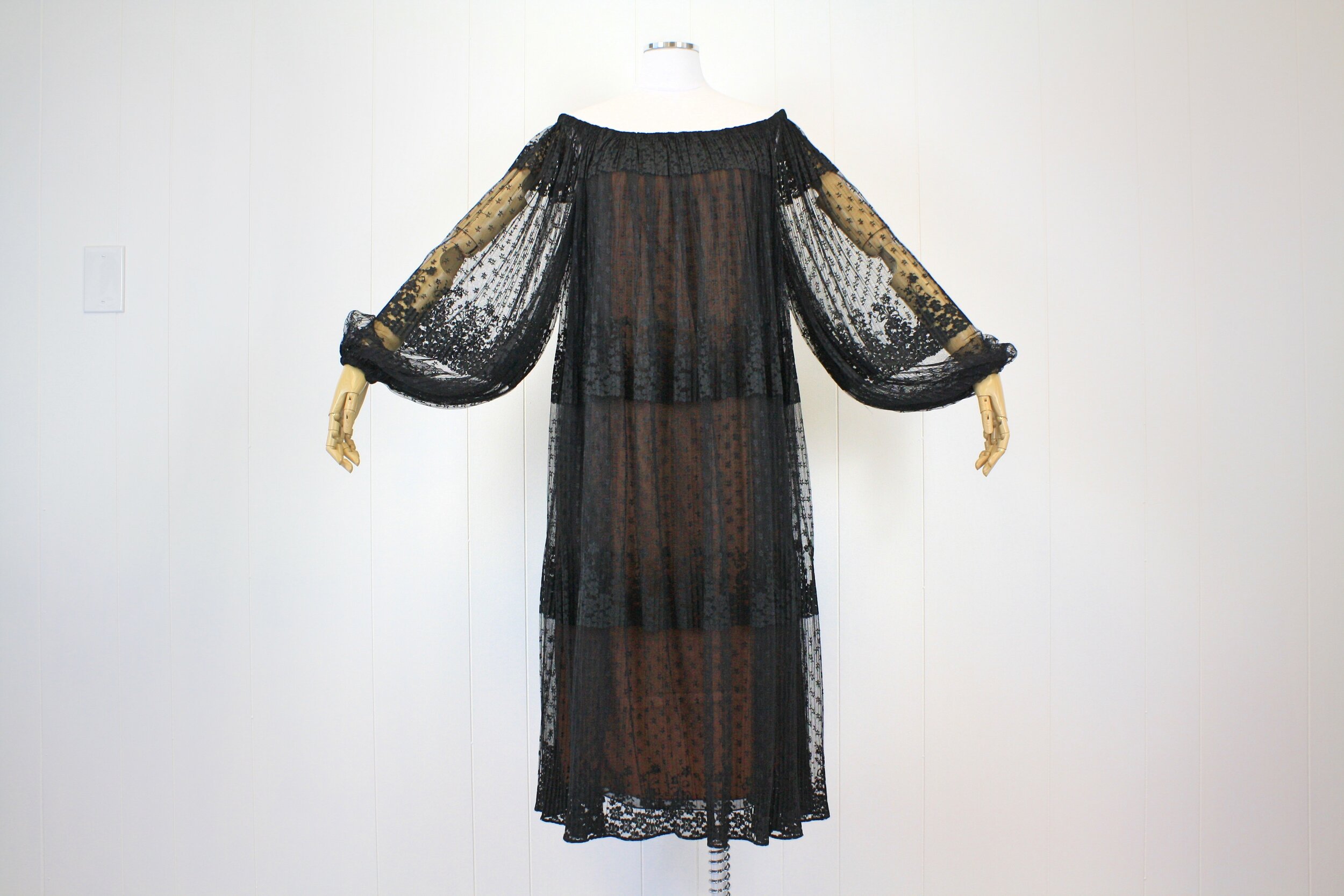 1970s Designer Black Floral Tulle Dress Marita by Anthony Muto