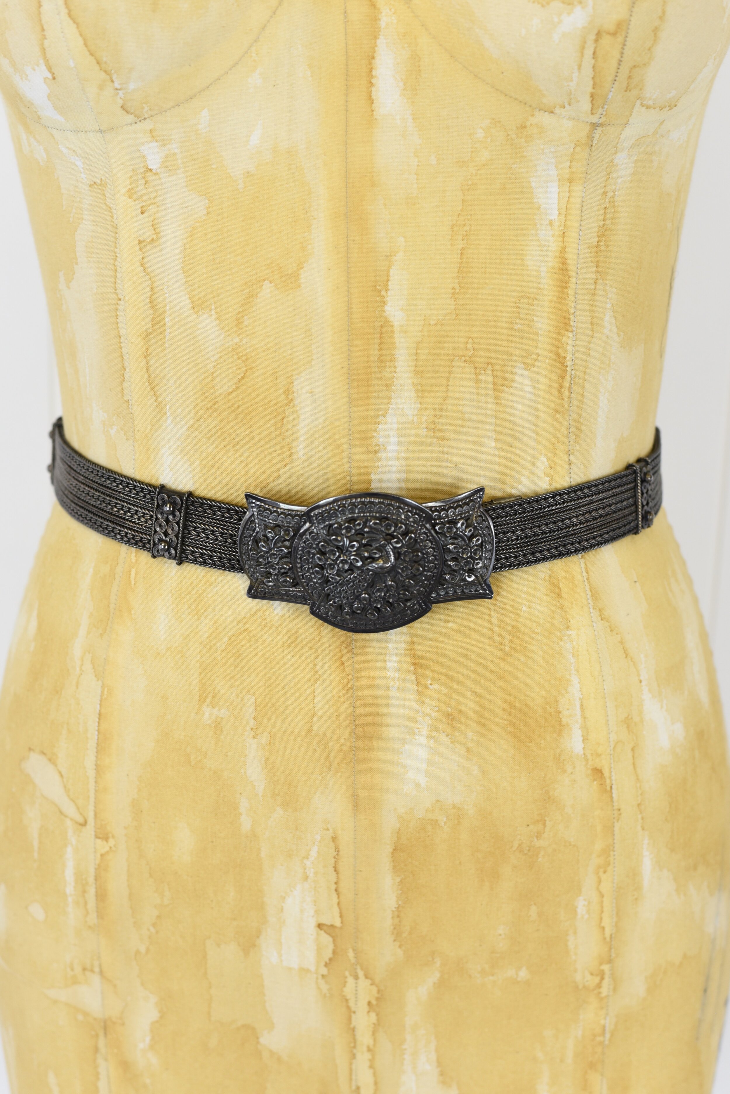 Vintage Persian Silver Ornate Belt with Peacock Buckle 