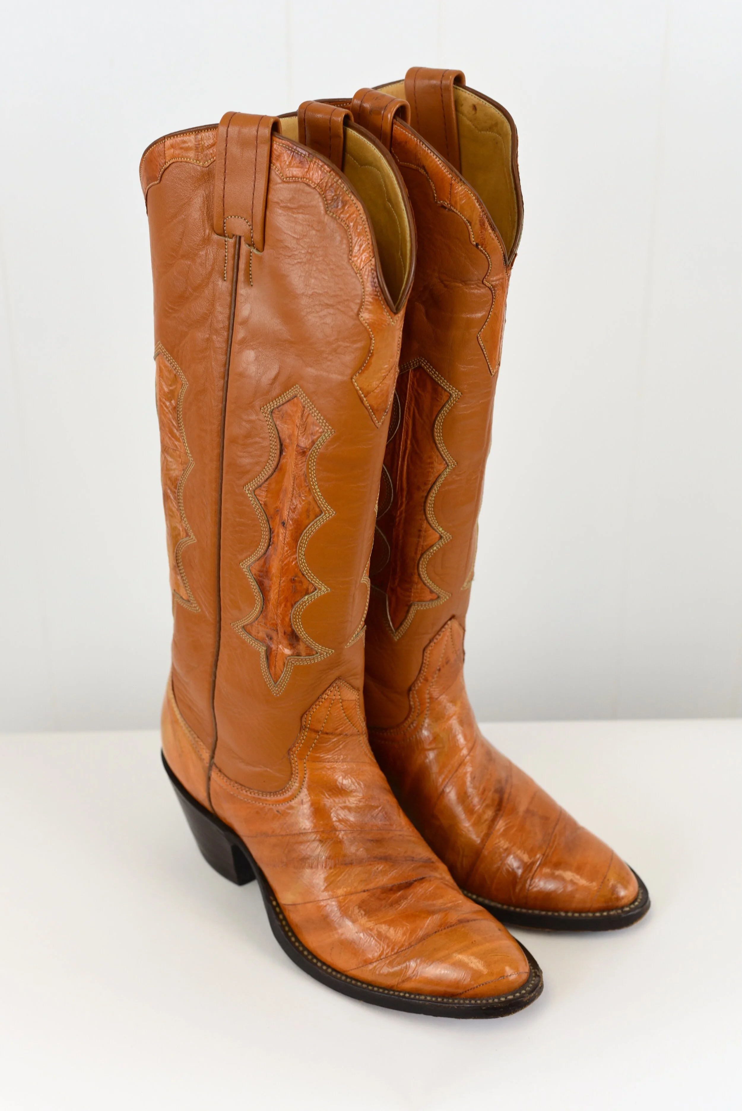 1970s Nocona Eel Skin Brown Cowboy Boots — Canned Ham Vintage