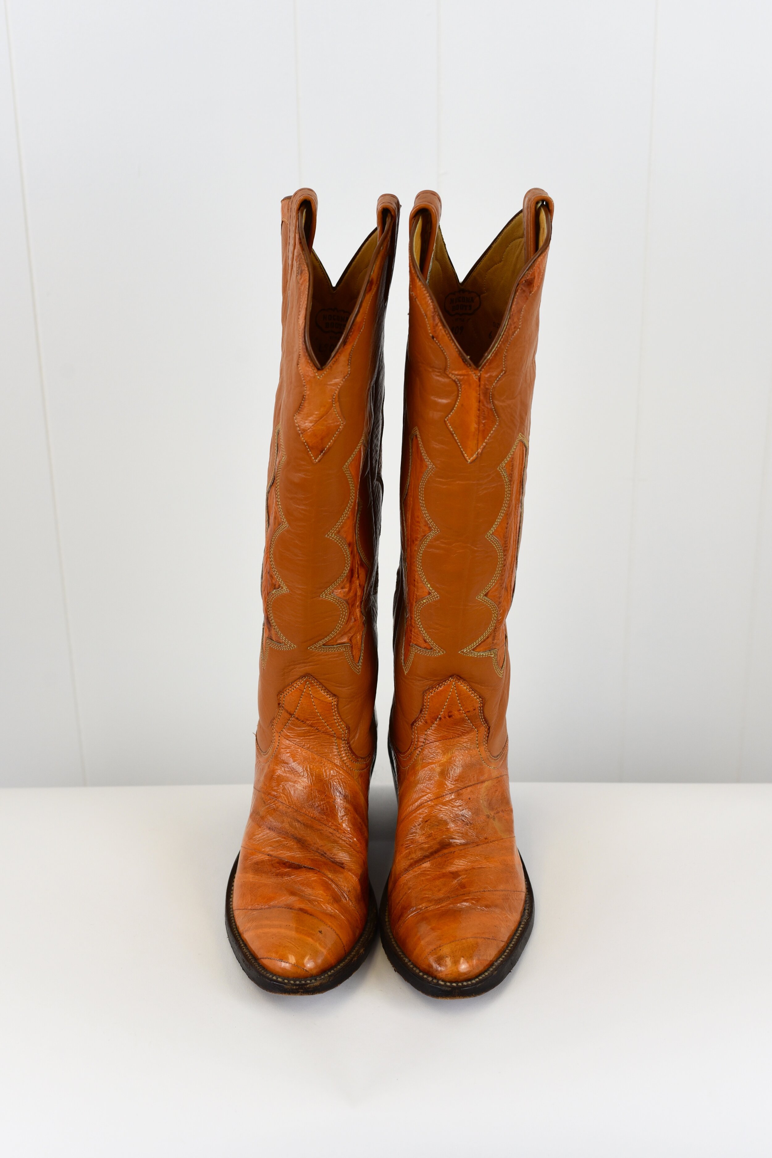 1970s Nocona Eel Skin Brown Cowboy Boots — Canned Ham Vintage display picture 1