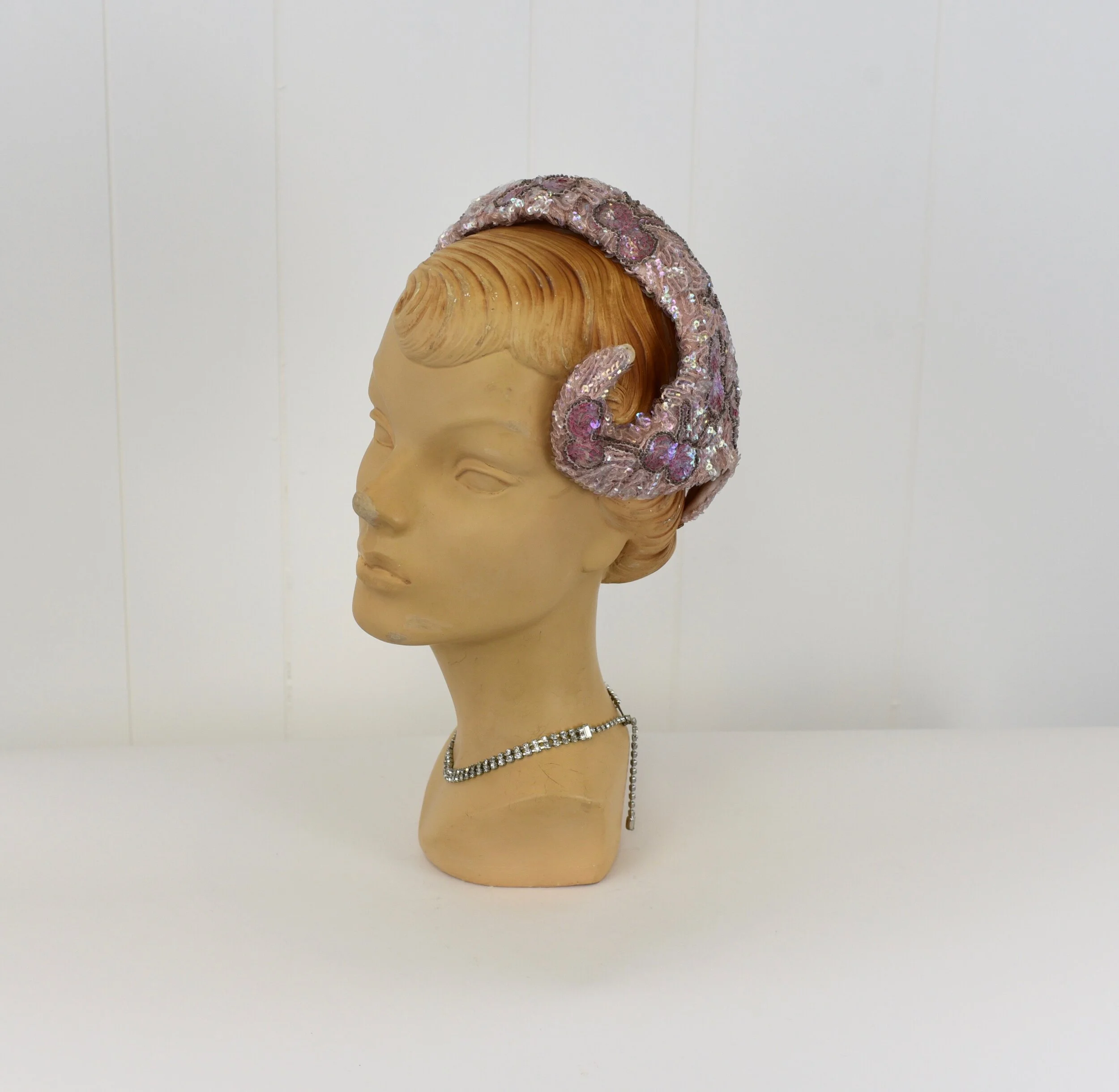 1950s Pink Sequin \u0026 Bead Skull Cap Hat 