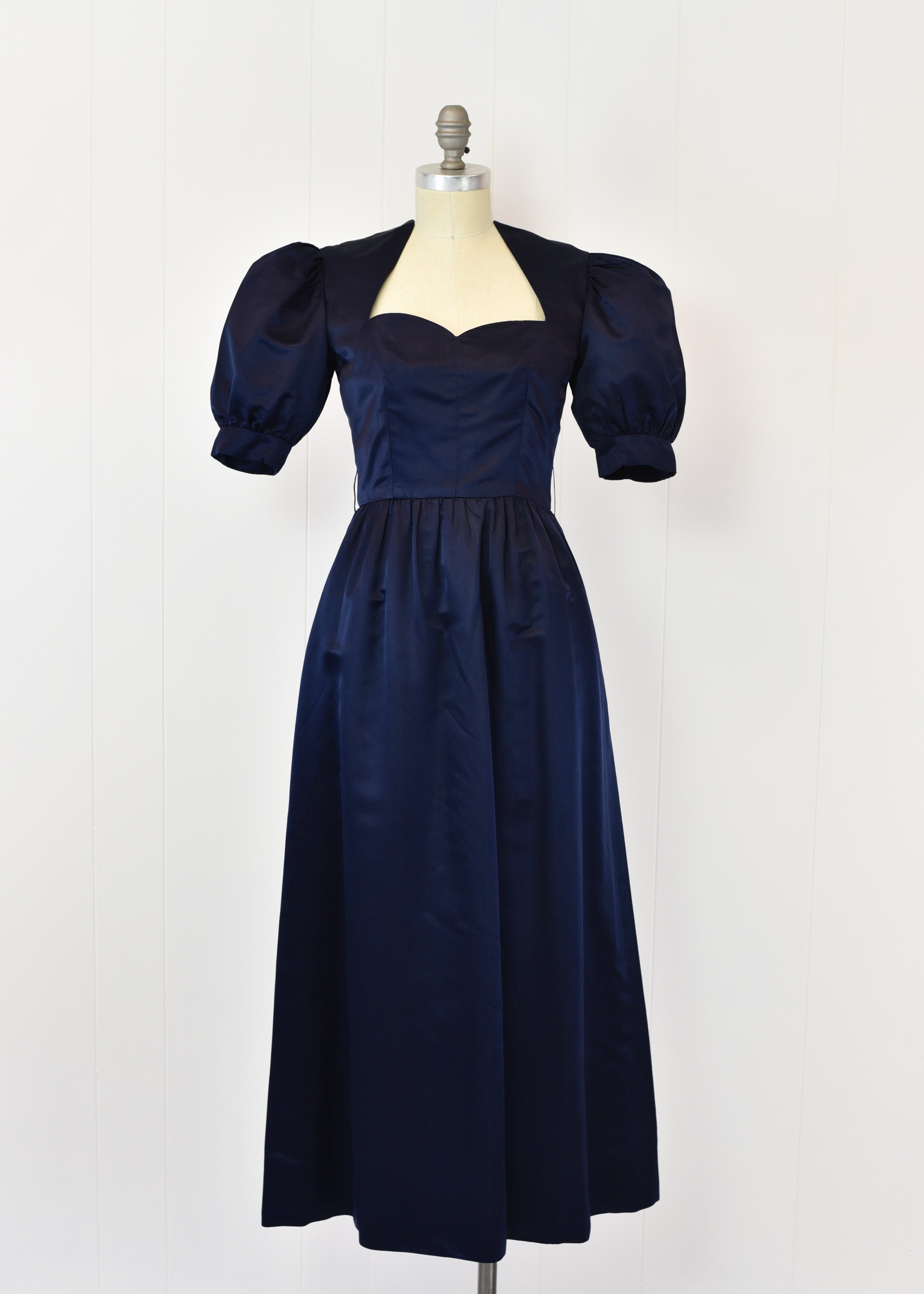 1970's Oscar de La Renta Navy Blue Sweetheart Dress