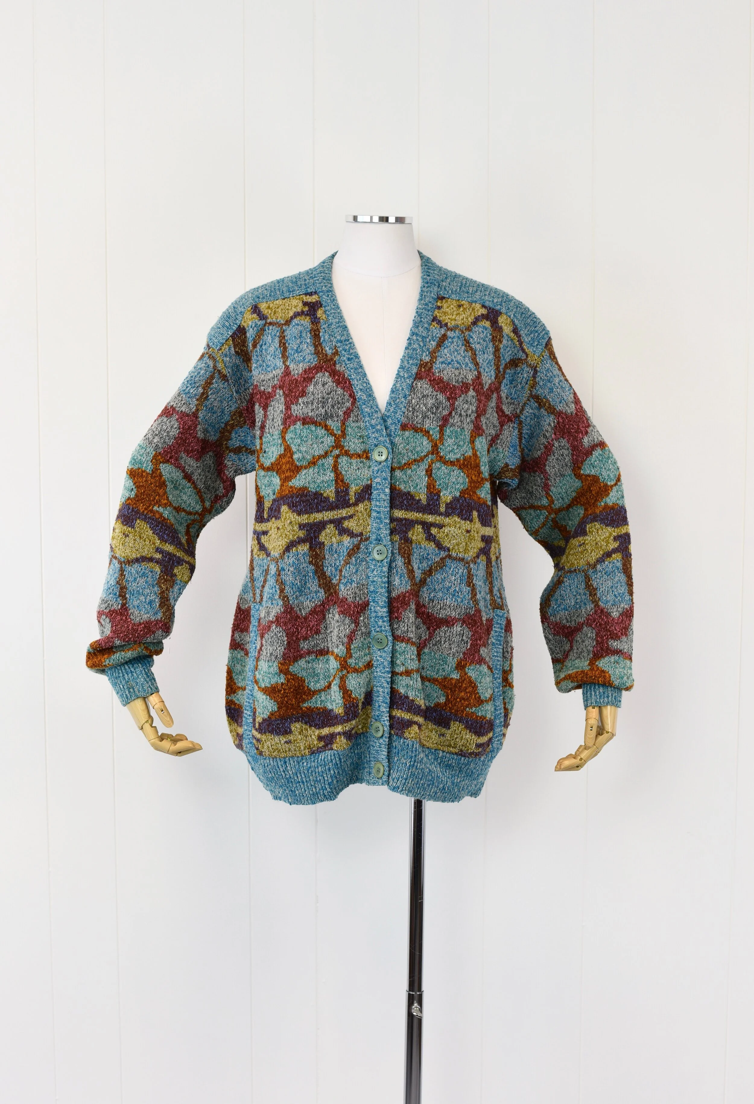 1980s Missoni Blue Colorful Patterned Wool Blend Sweater Cardigan 