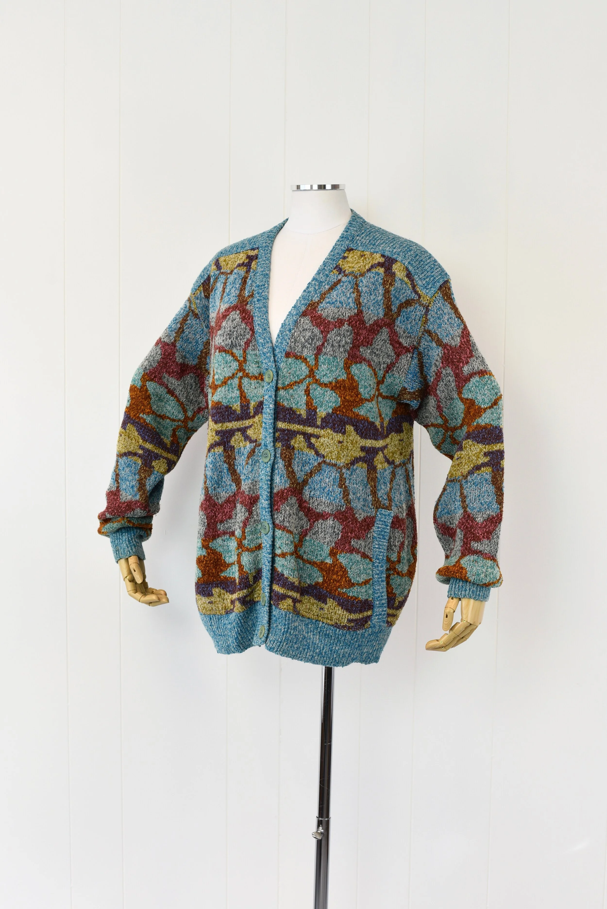1980s Missoni Blue Colorful Patterned Wool Blend Sweater Cardigan 