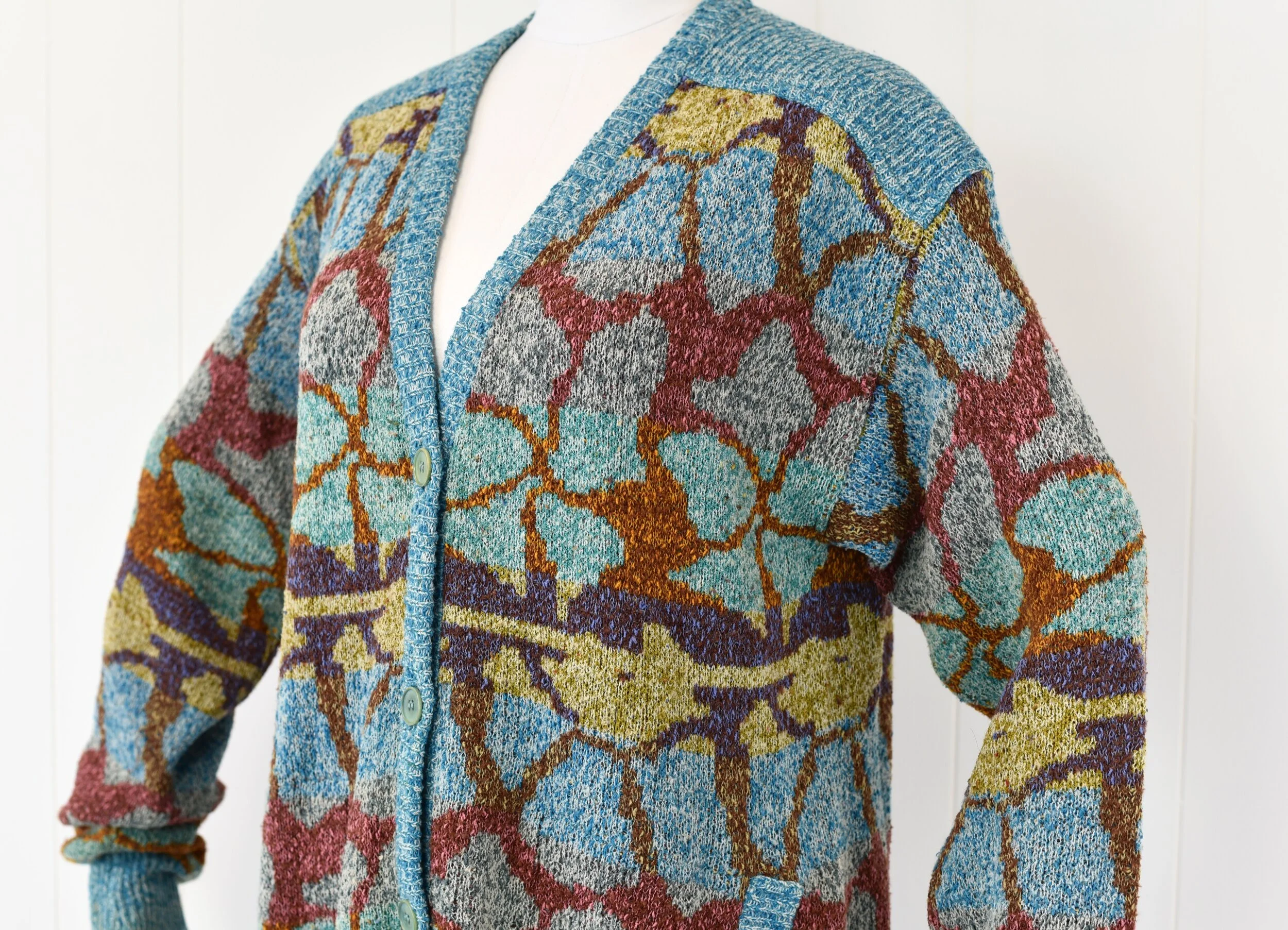 1980s Missoni Blue Colorful Patterned Wool Blend Sweater Cardigan 