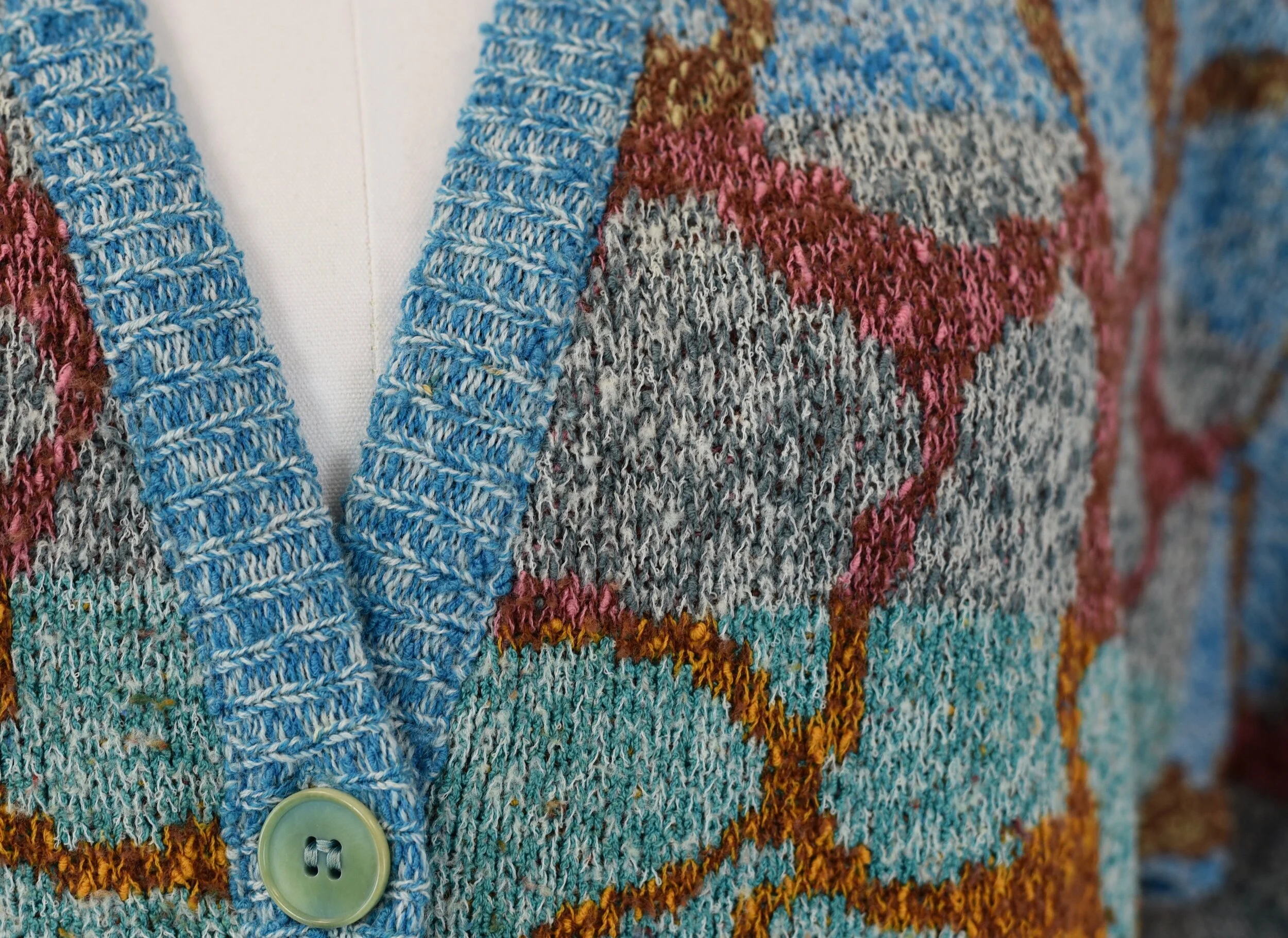 1980s Missoni Blue Colorful Patterned Wool Blend Sweater Cardigan 