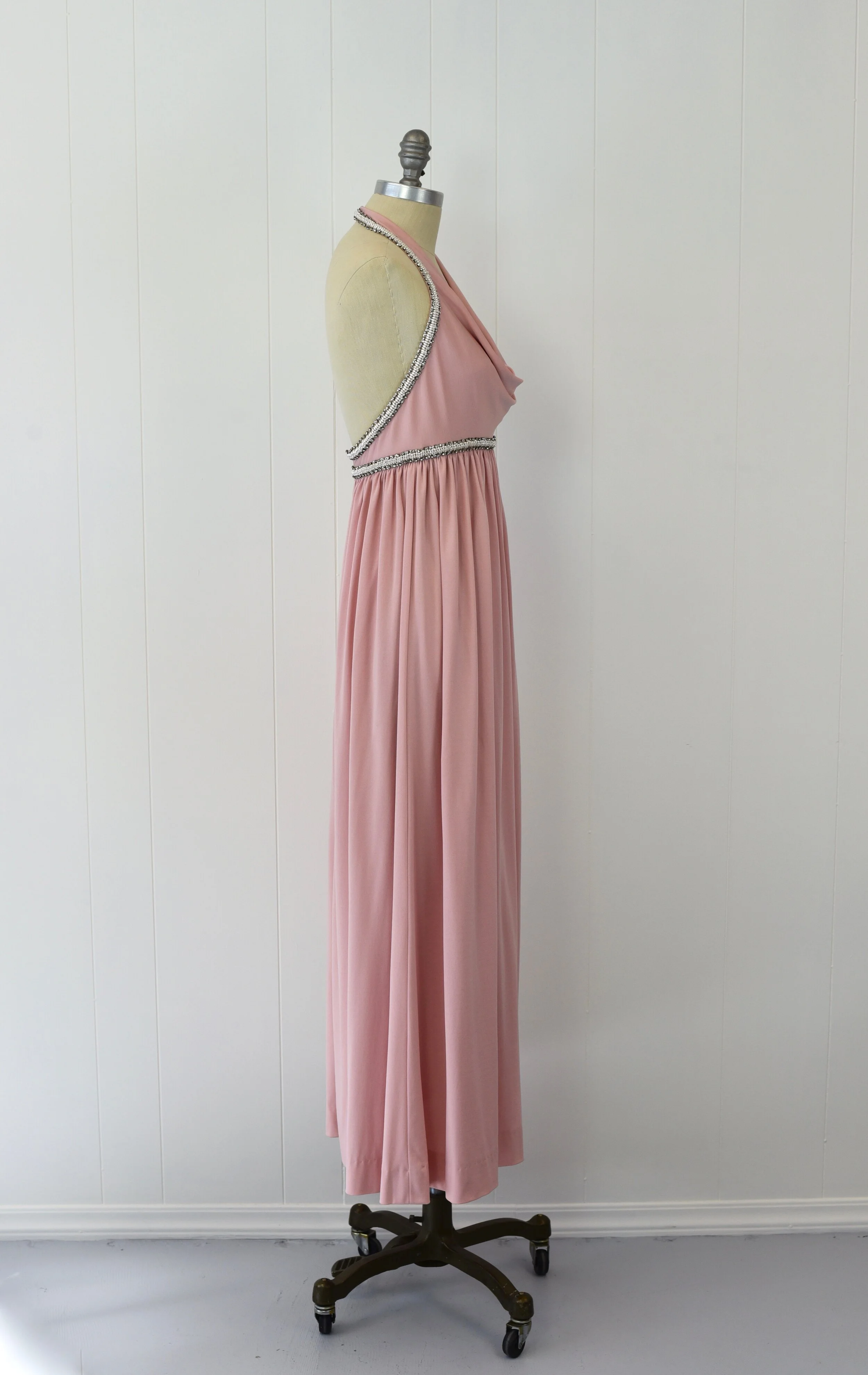 1970s Halston Pink Halter Gown with Rhinestones Canned Ham Vintage 1970s Halston Pink Halter Gown with Rhinestones Canned Ham Vintage
