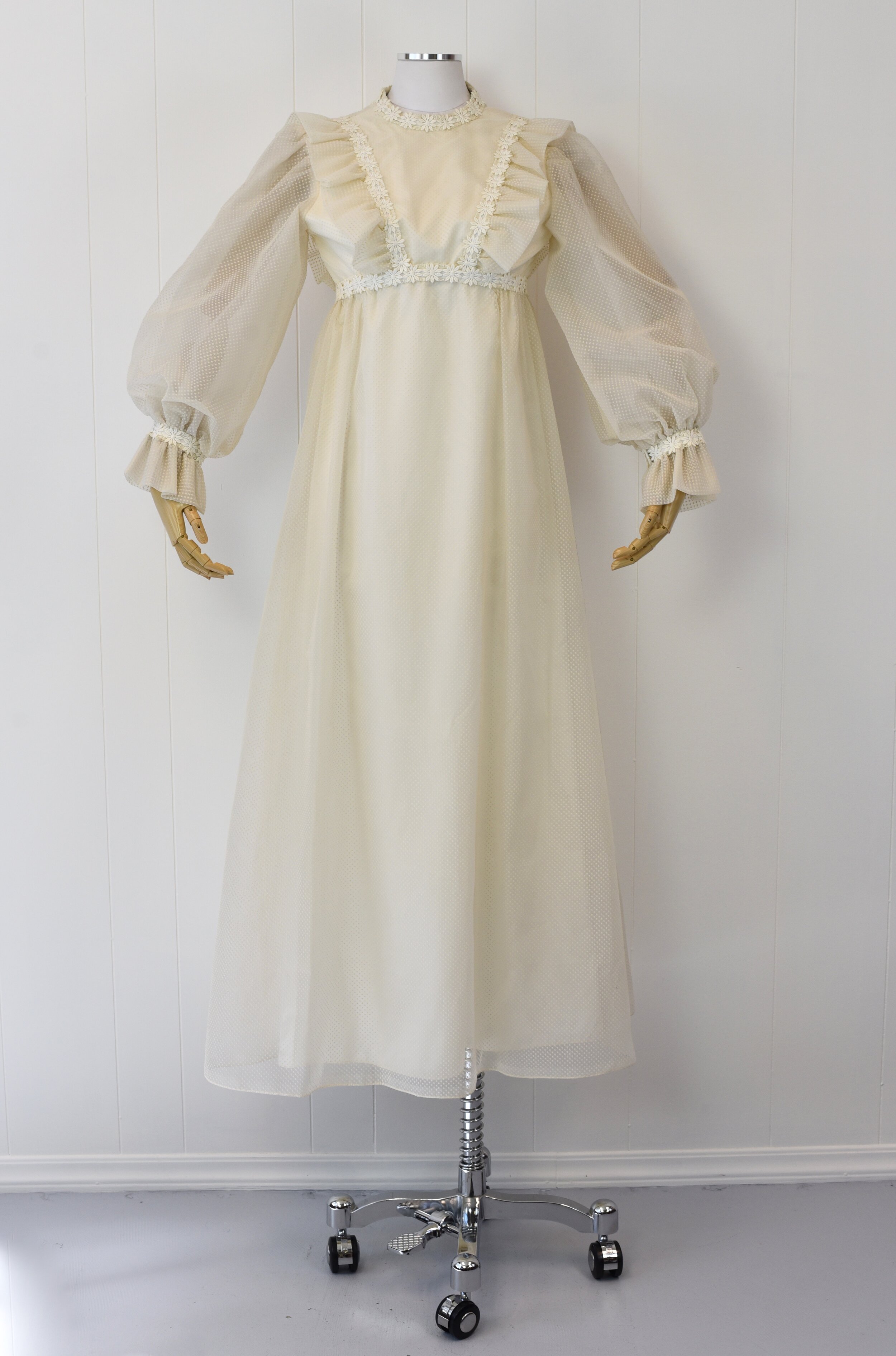 1960s Emma Domb Off White Polka Dot & Floral Bridal Maxi Dress  