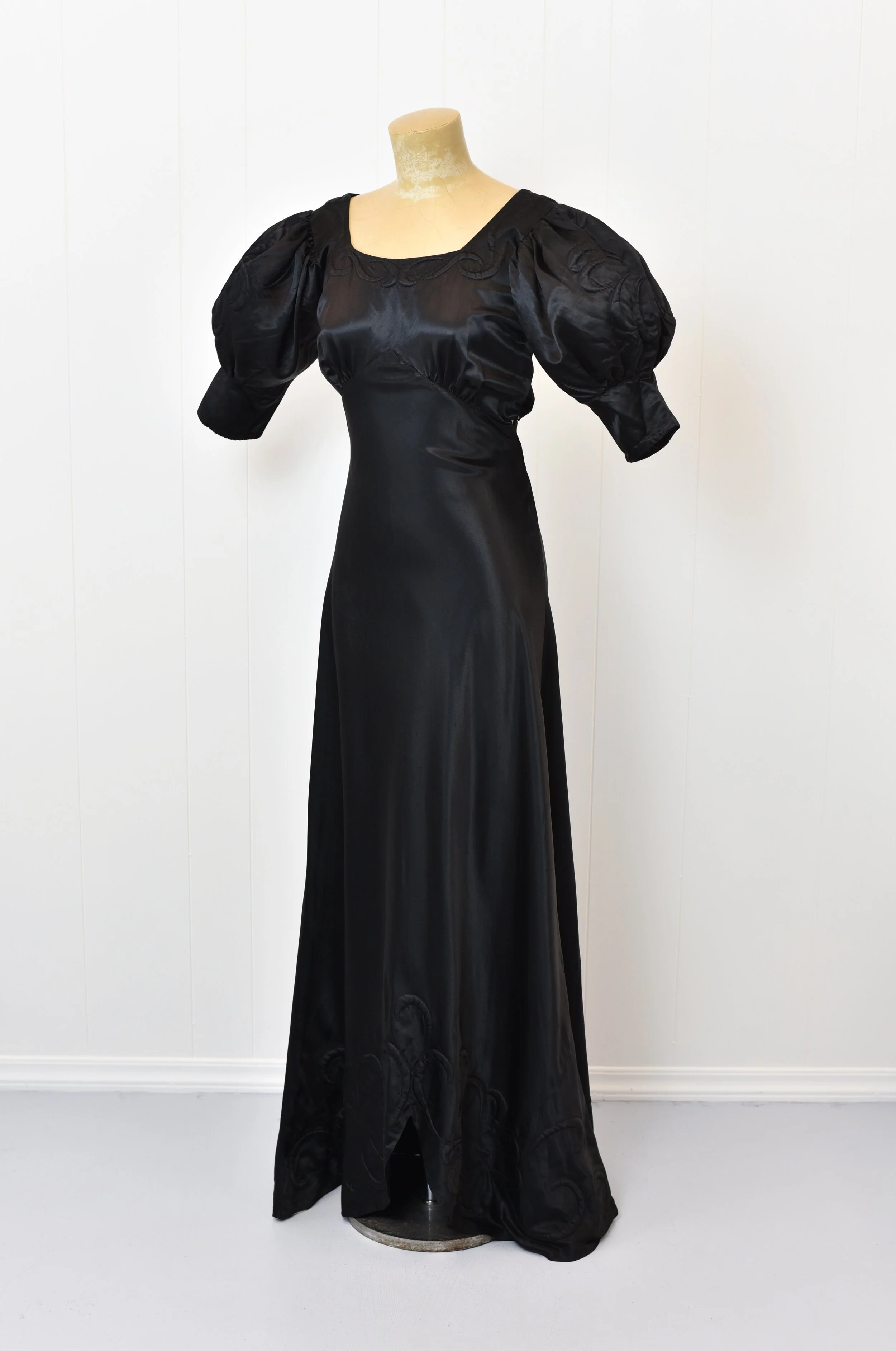 1930s/1940s Black Satin Puff Sleeve Gown  Canned Ham Vintage