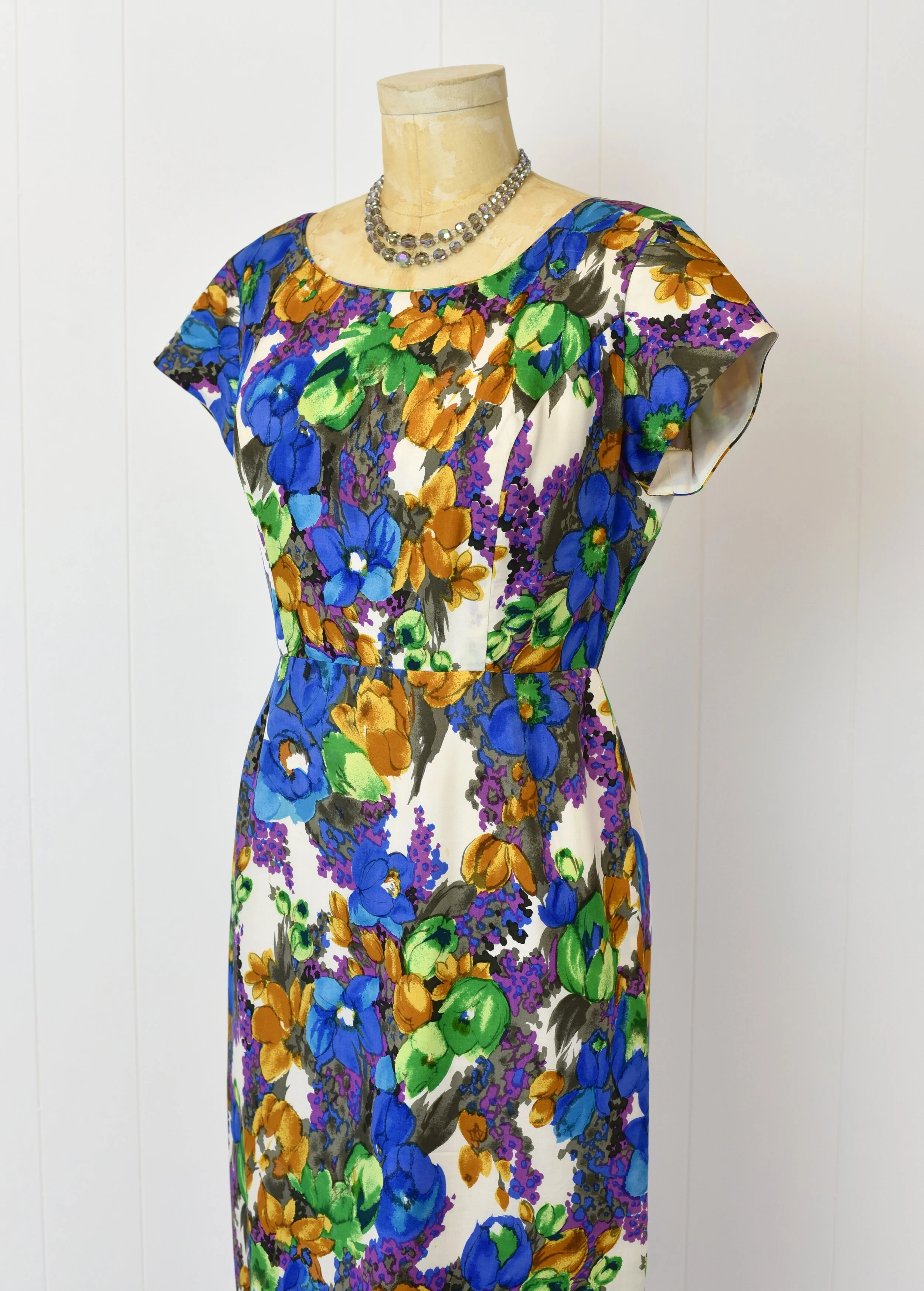 silk wiggle dress Vibrant Floral Printed Parchment Dupioni Silk Wiggle Dress, Circa 1950s portmanteau New york