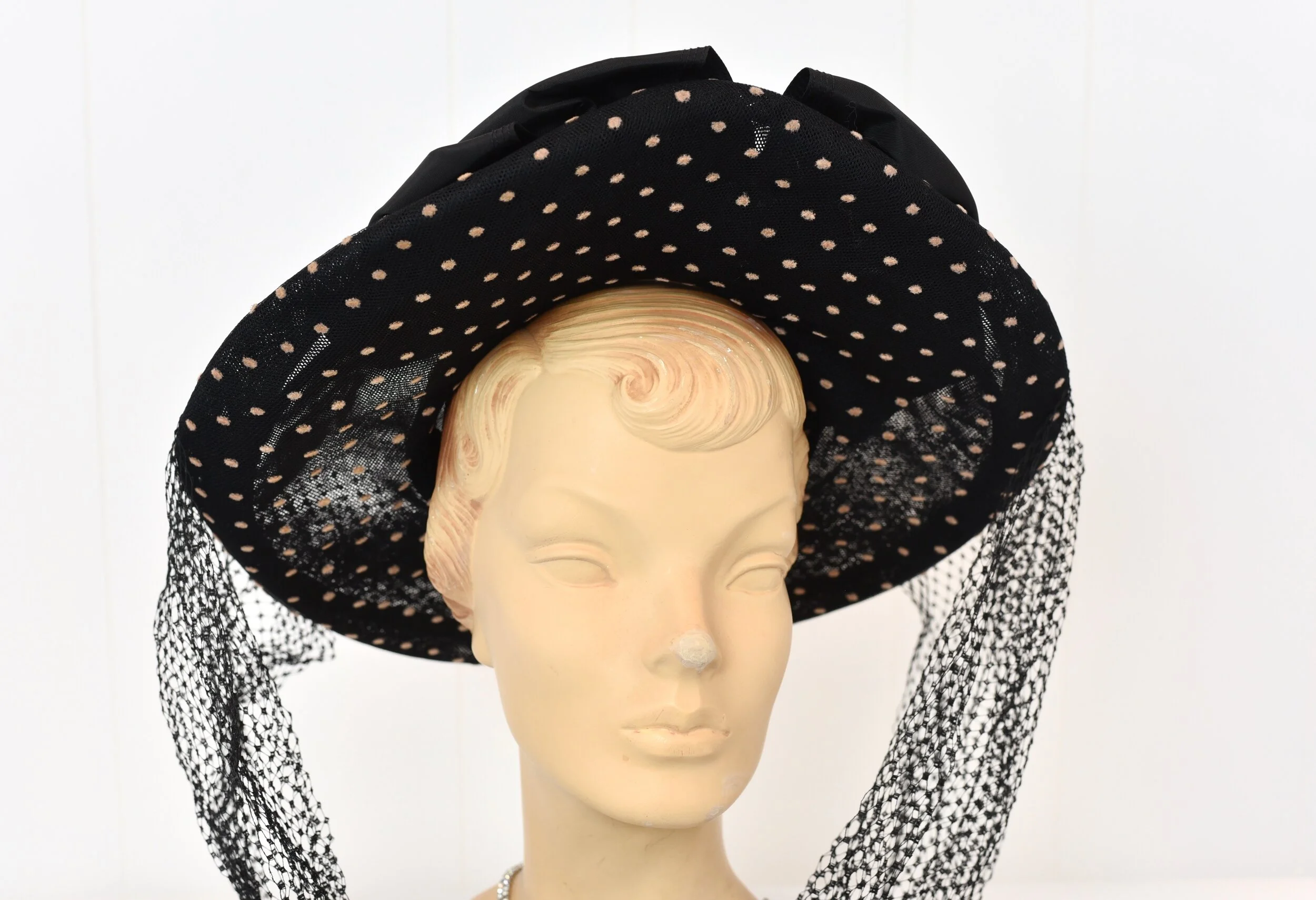 1950s Caspar Davis Polka Dot Hat with Bow & Veil — Canned Ham Vintage