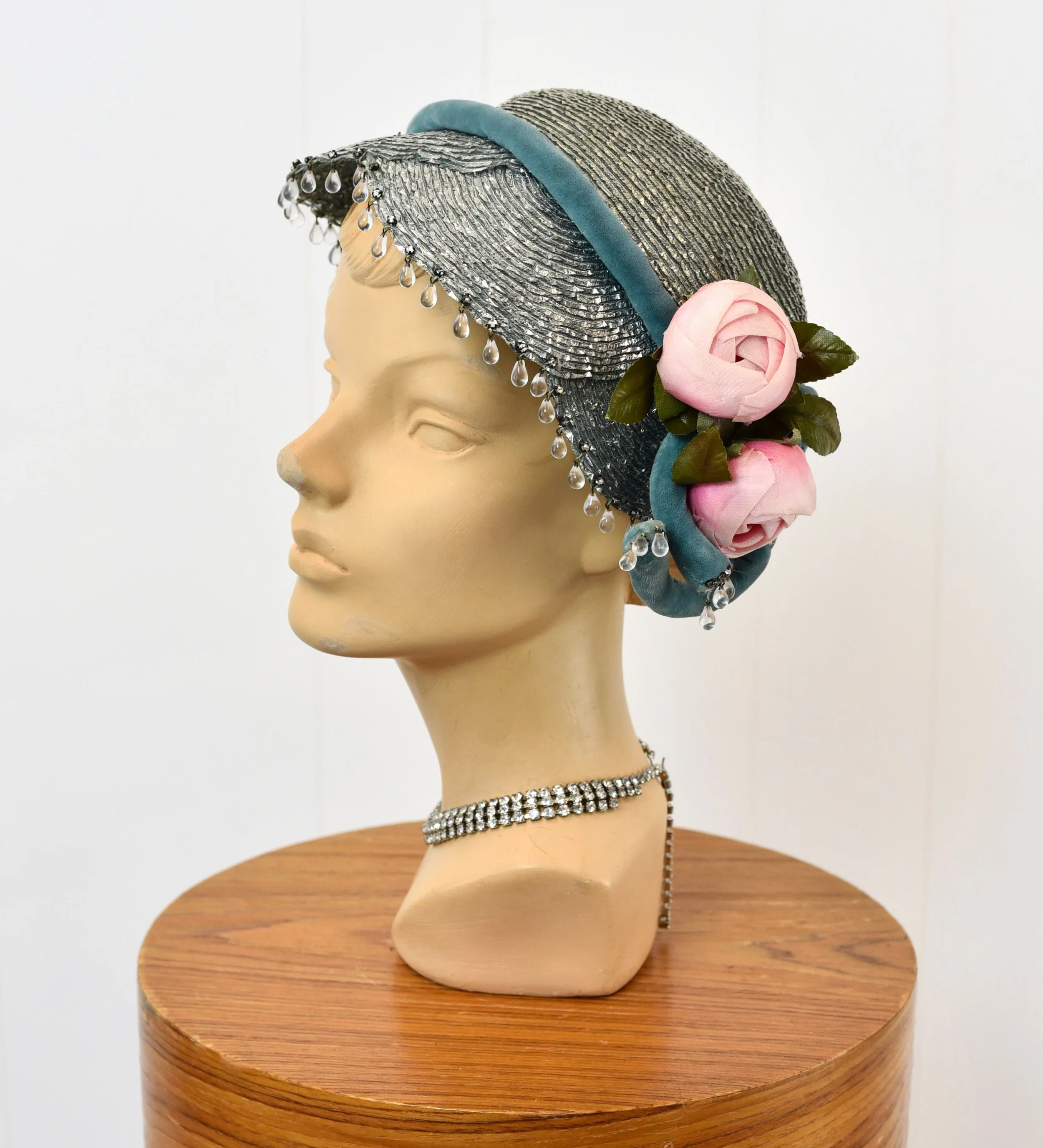 1960s Does 1920s Blue Floral Rhinestoned Flapper Cloche Hat 