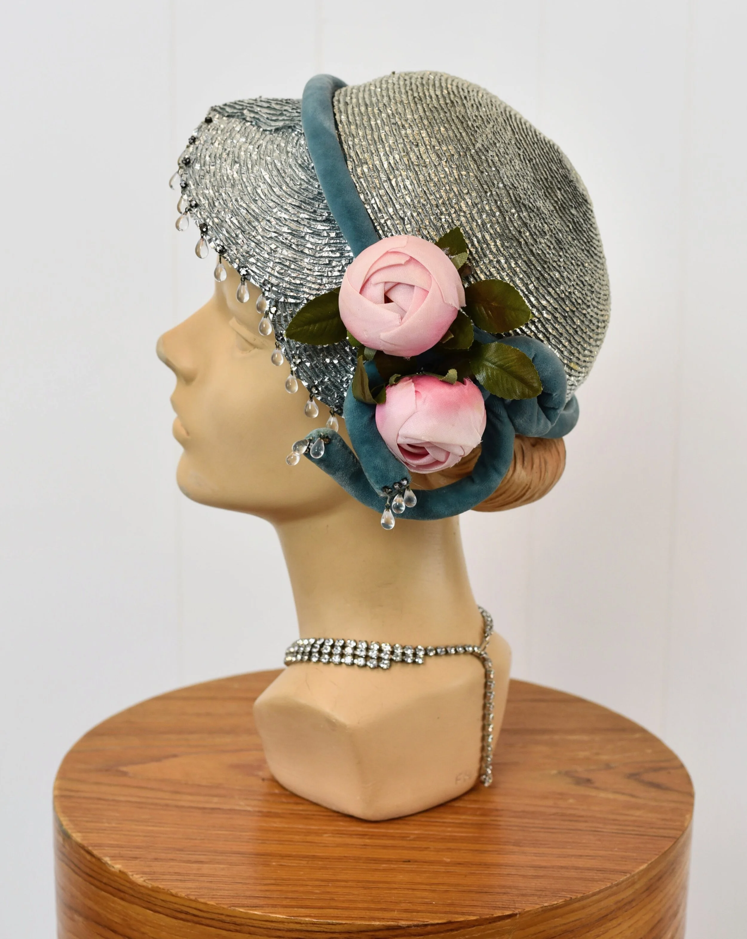 Mid Century Woven Plastic w/Floral Appliqué & Rhinestones Cloche Hat Today main image 4