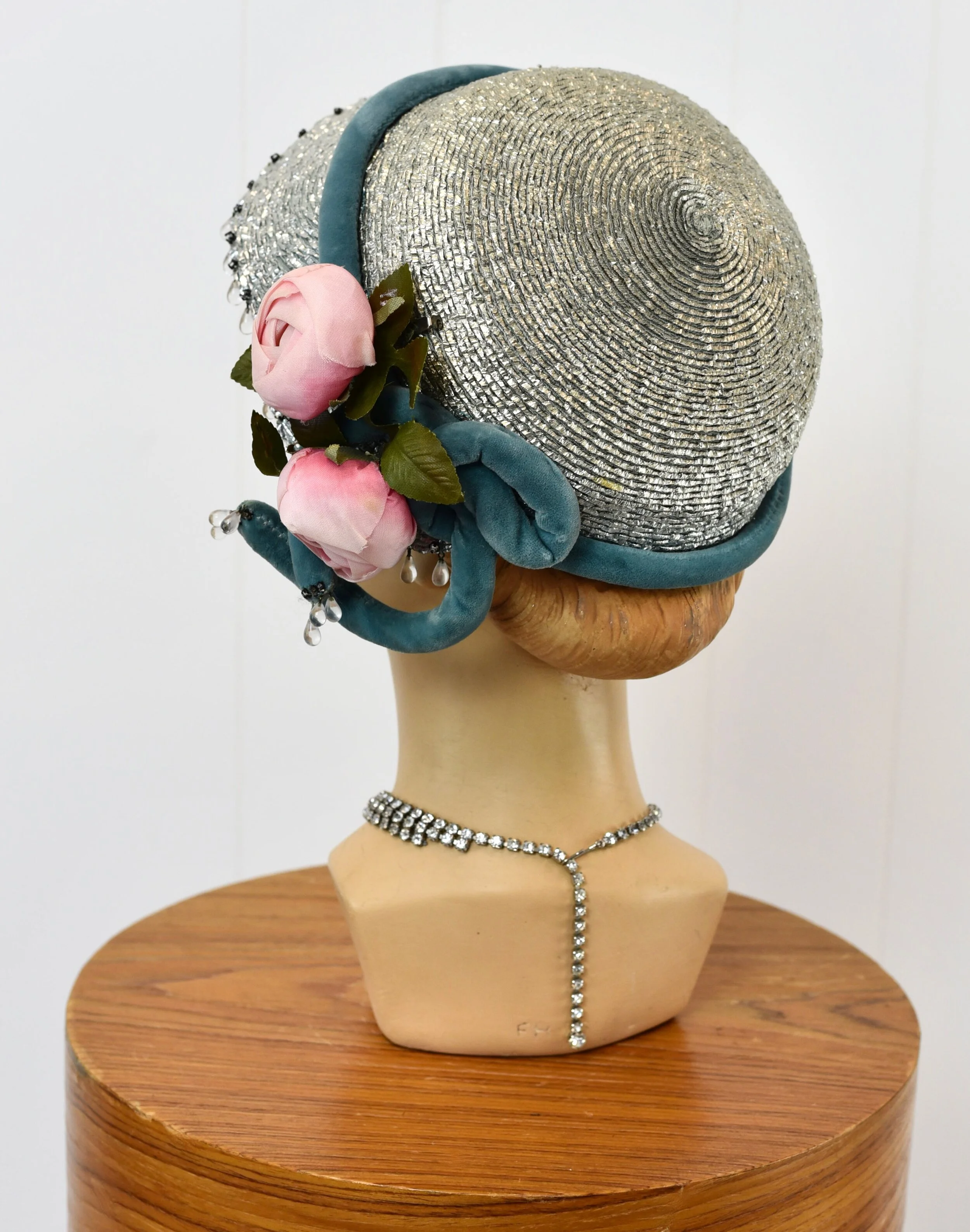 1960s Does 1920s Blue Floral Rhinestoned Flapper Cloche Hat 