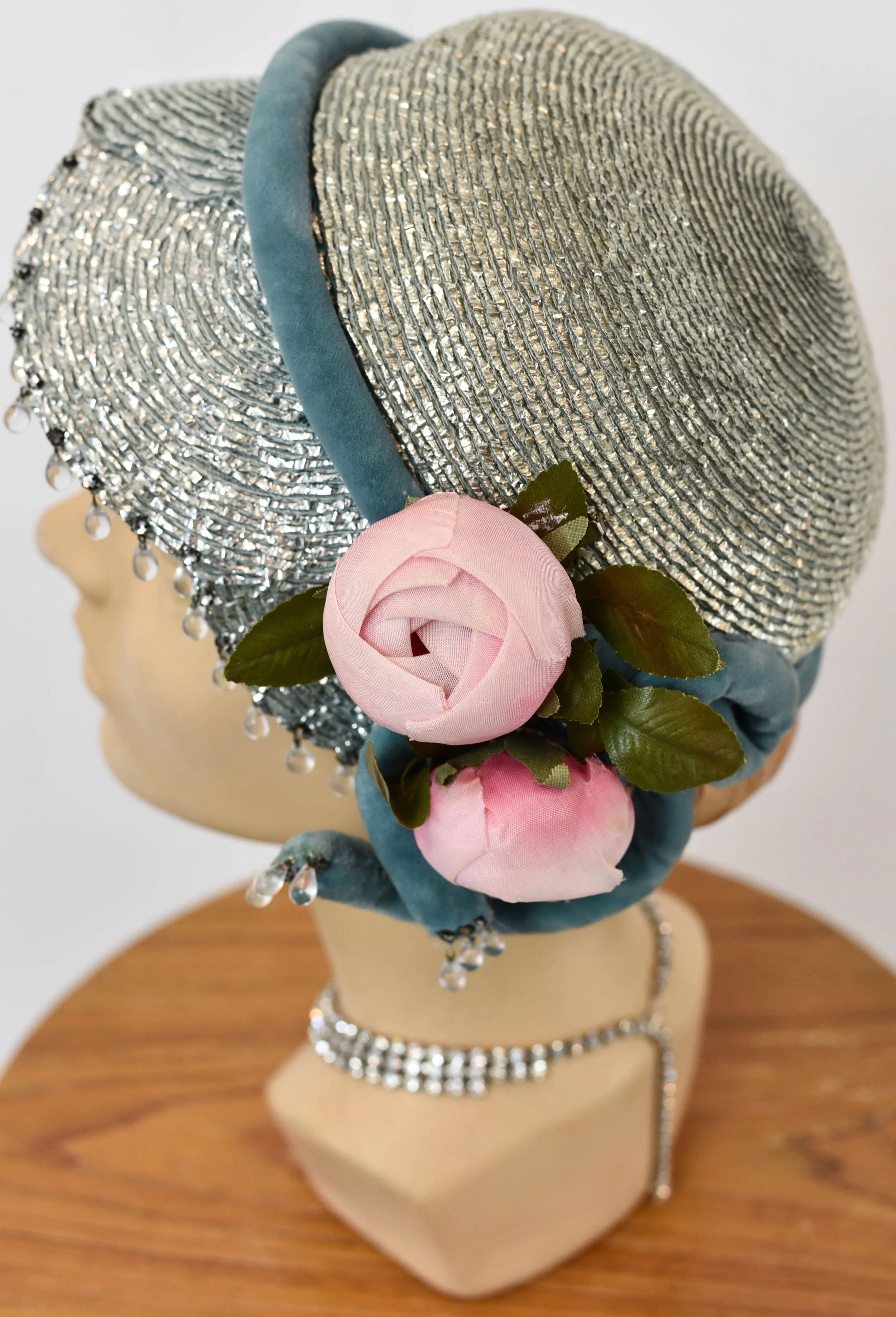 1960s Does 1920s Blue Floral Rhinestoned Flapper Cloche Hat  display picture 1