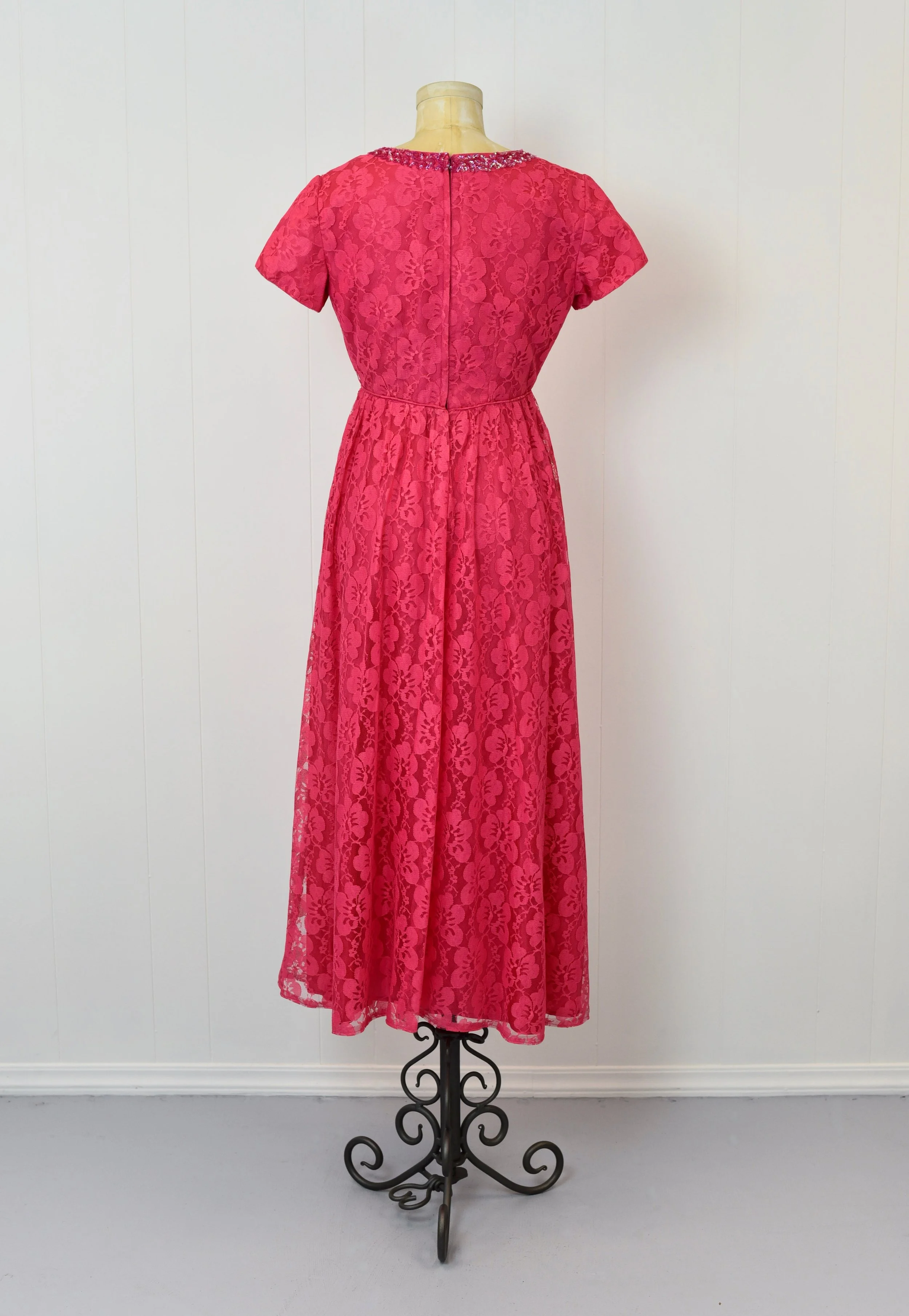 1960s Emma Domb Hot Pink Floral Lace Sequin Gown Party Dress  Canned Ham  Vintage