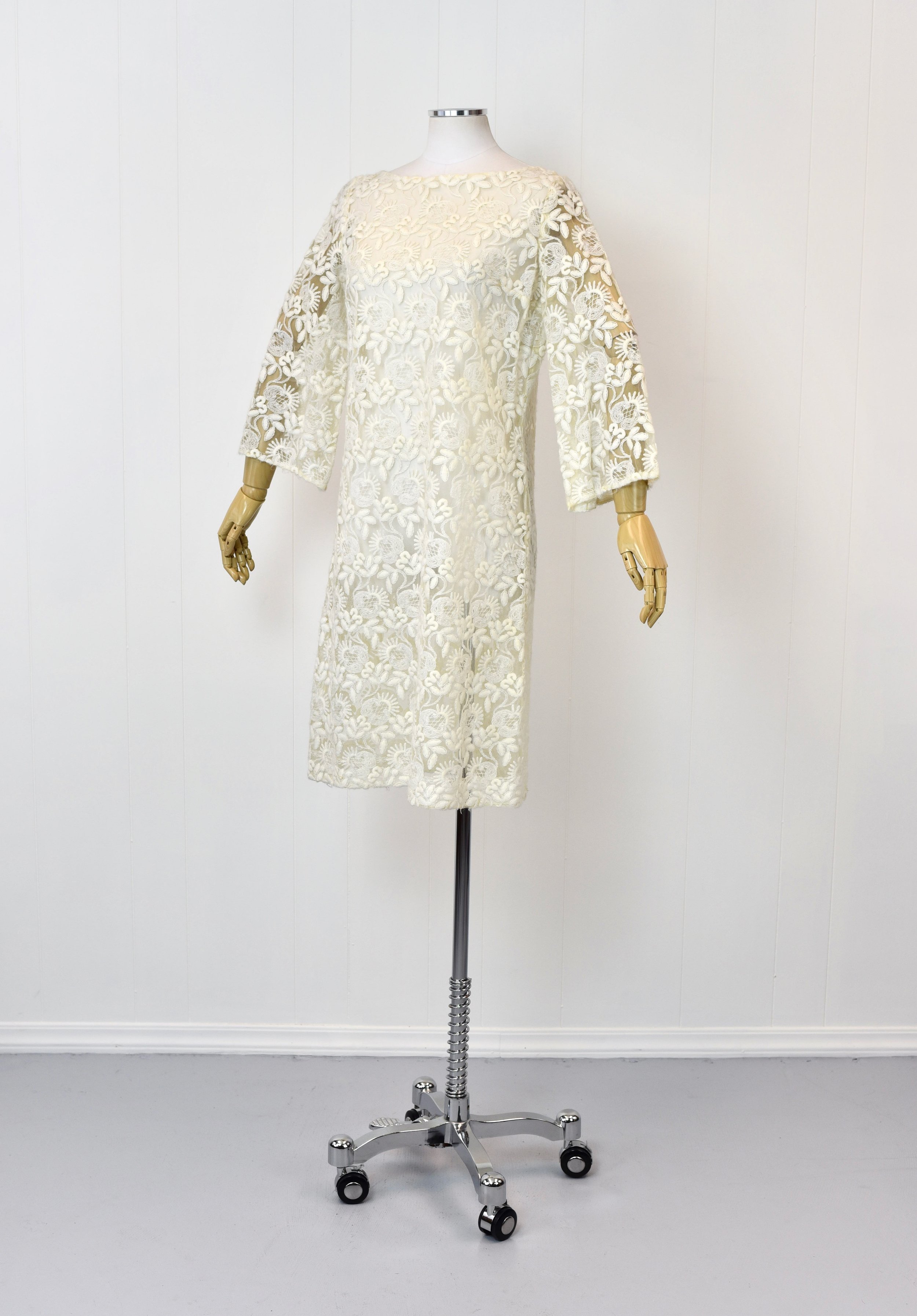 1960s/1970s White Sheer Floral Embroidery Bridal Boho Shift Dress