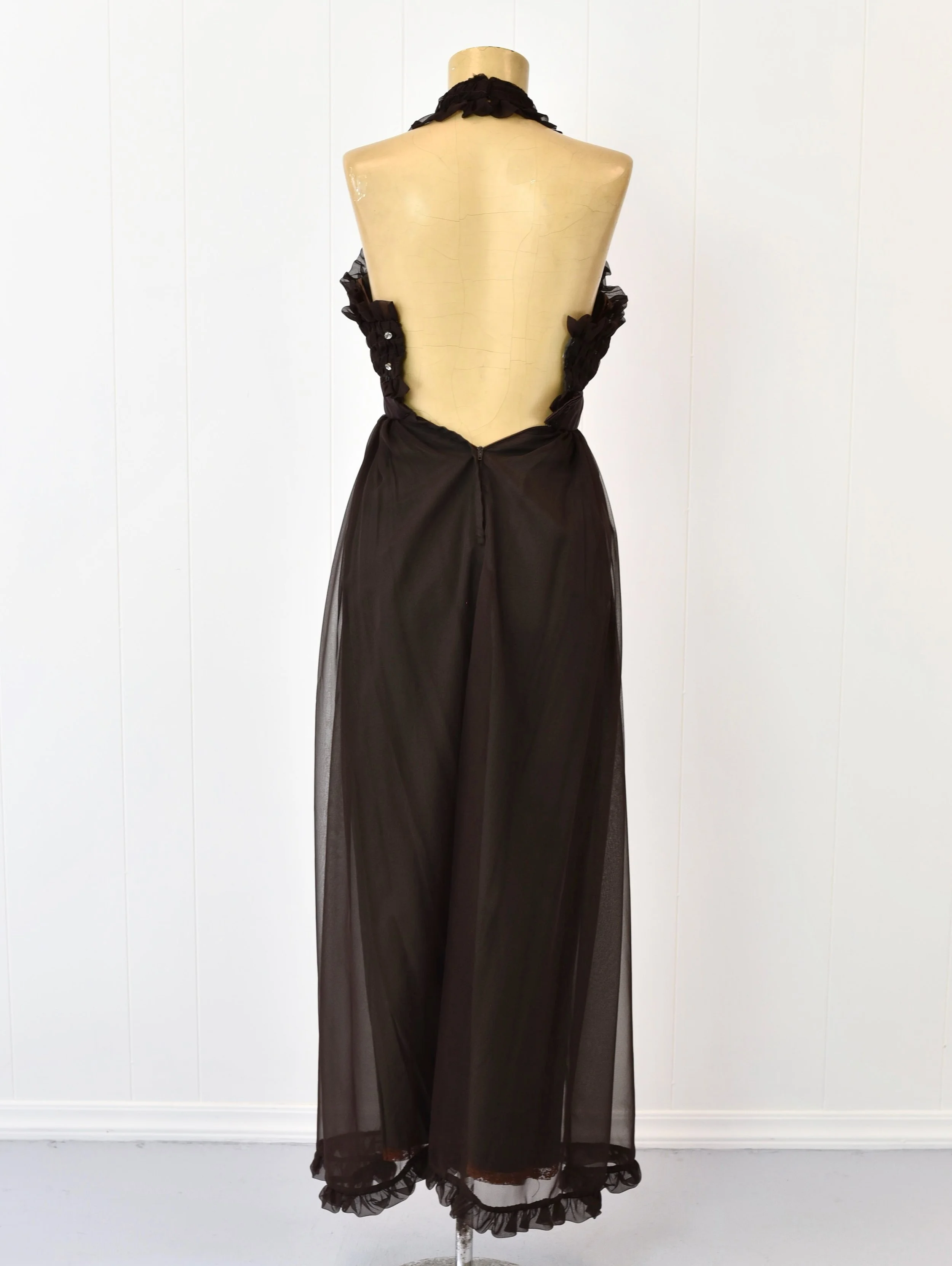 1960s Eloise Curtis Dark Brown Chiffon Gown  Canned Ham Vintage