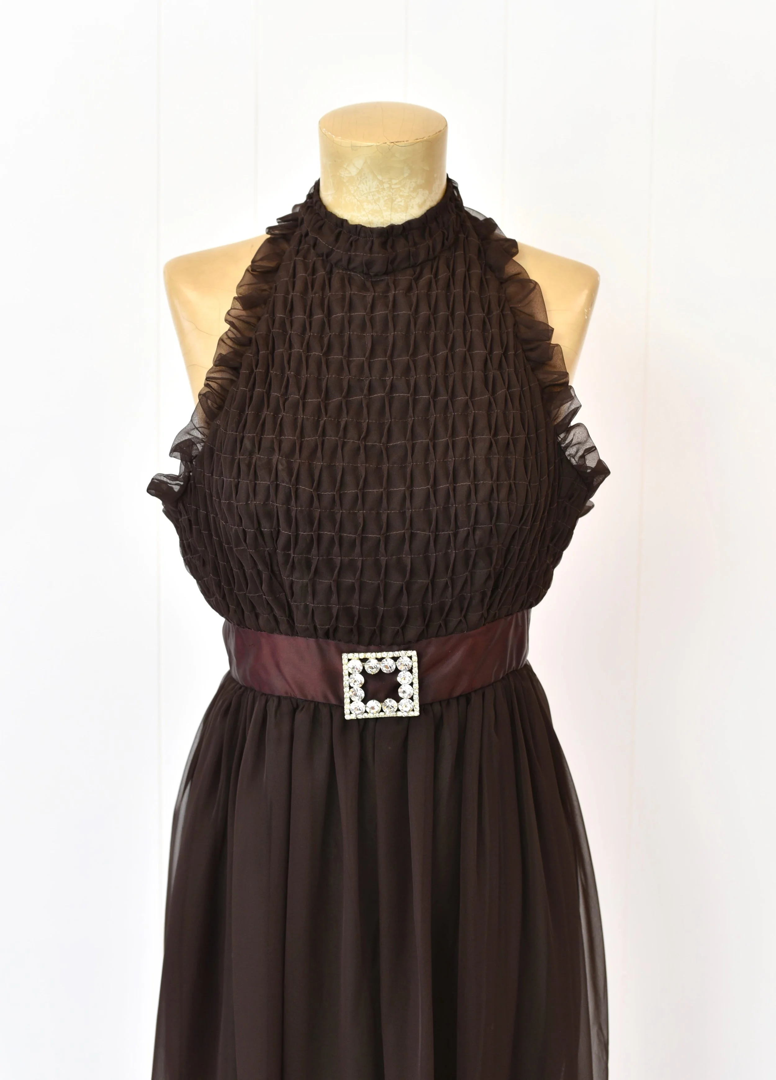 1960s Eloise Curtis Dark Brown Chiffon Gown  Canned Ham Vintage
