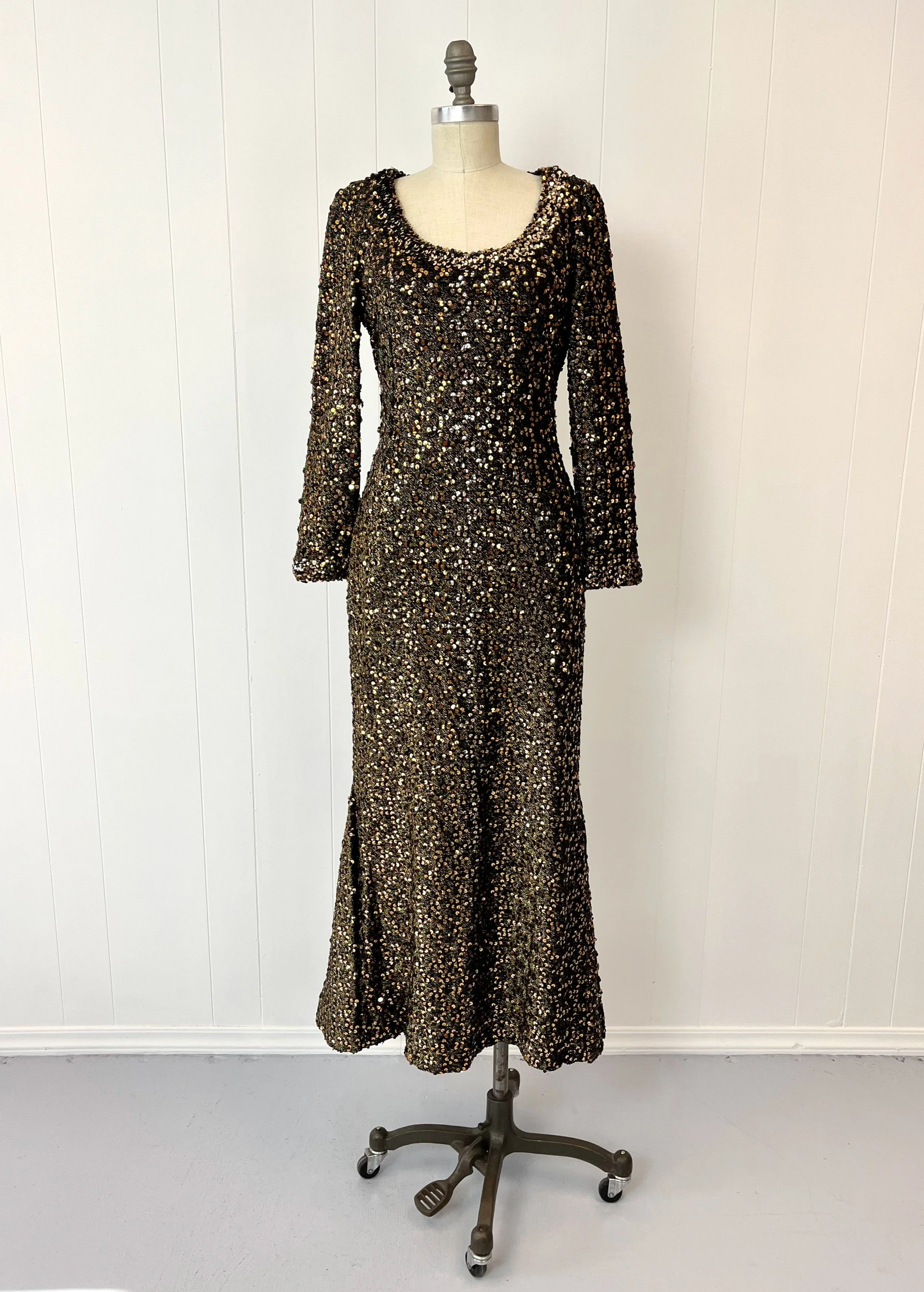1960s Lilli Diamond Gold Black Sequin Metallic Bombshell Mermaid