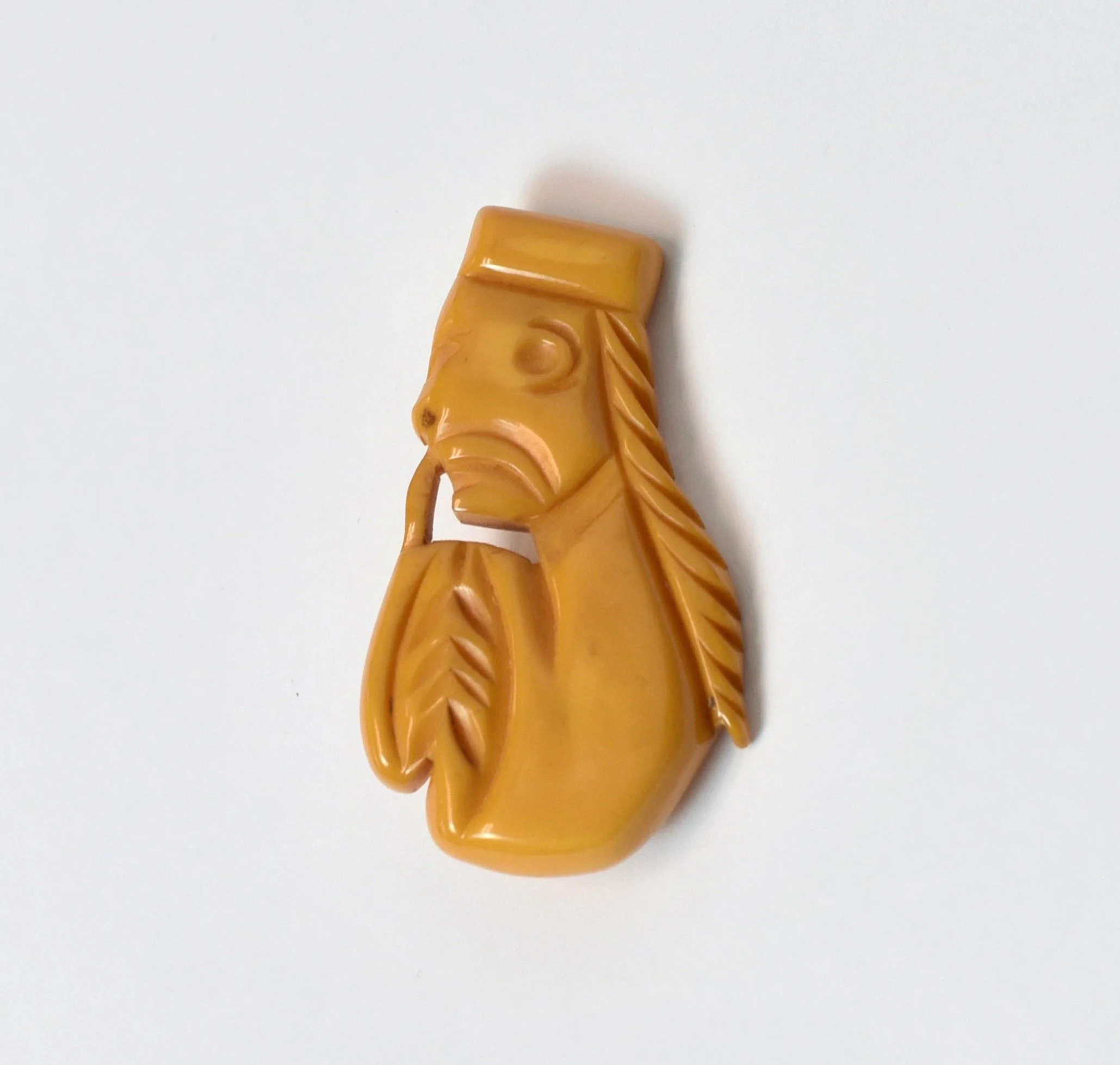 1940s Bakelite Butterscotch Carved Asian Inspired Brooch Pin 