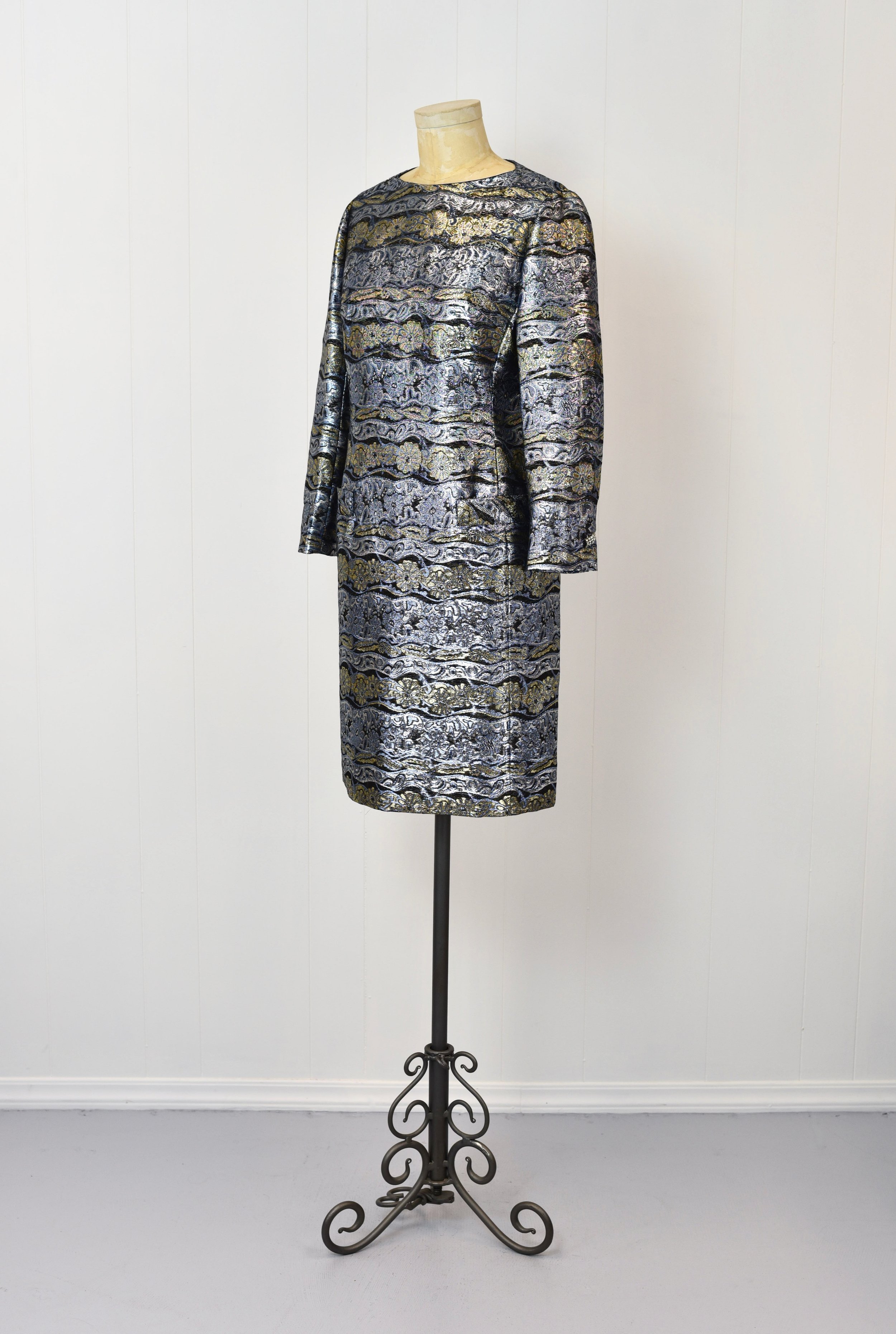 1960s Brocade Floral Blue Dynasty Cocktail Mod Party Dress