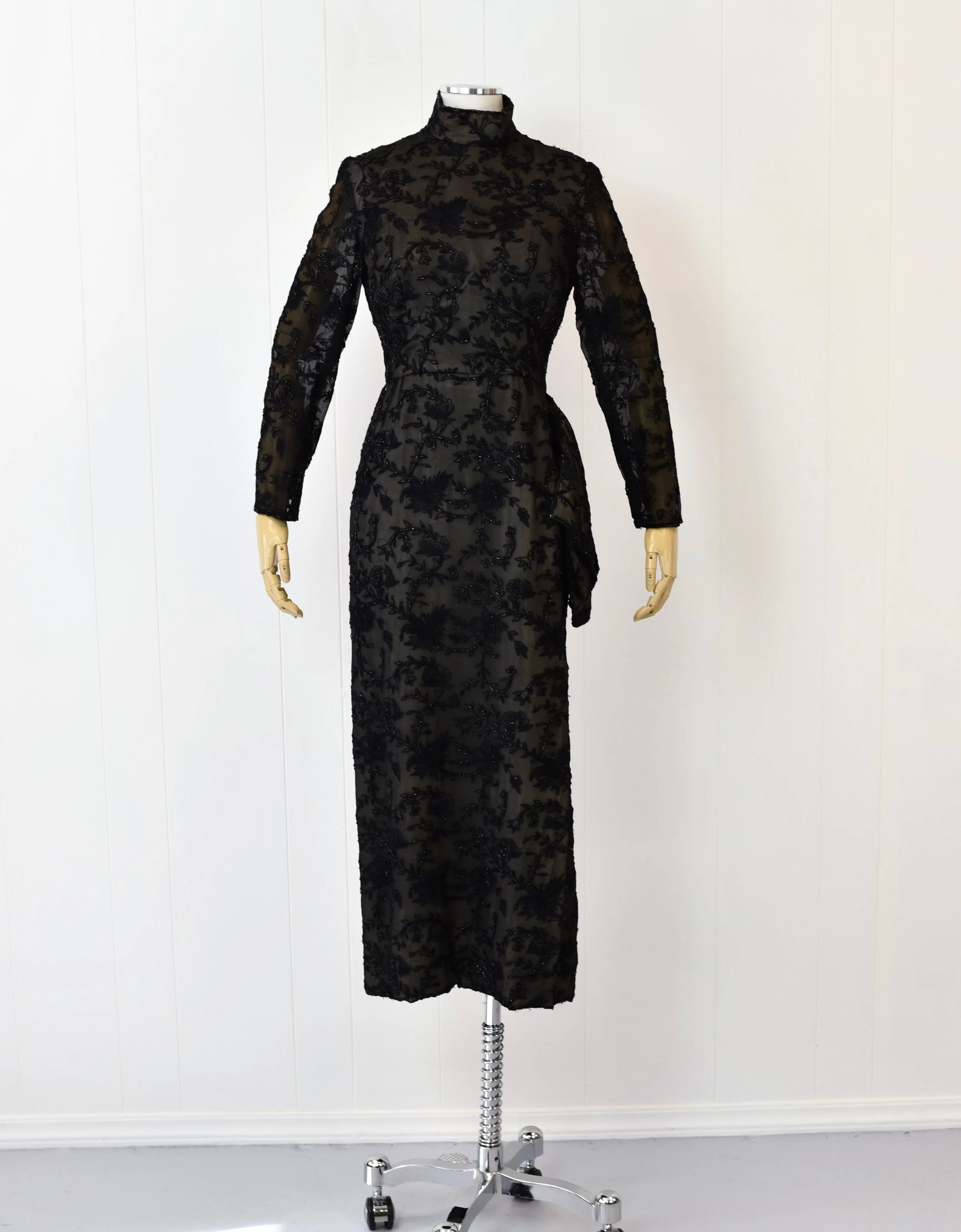 RARE 1980s Wim Hemmink Black Silk Floral Beaded Dress Canned Ham Vintage RARE 1980s Wim Hemmink Black Silk Floral Beaded Dress Canned Ham Vintage
