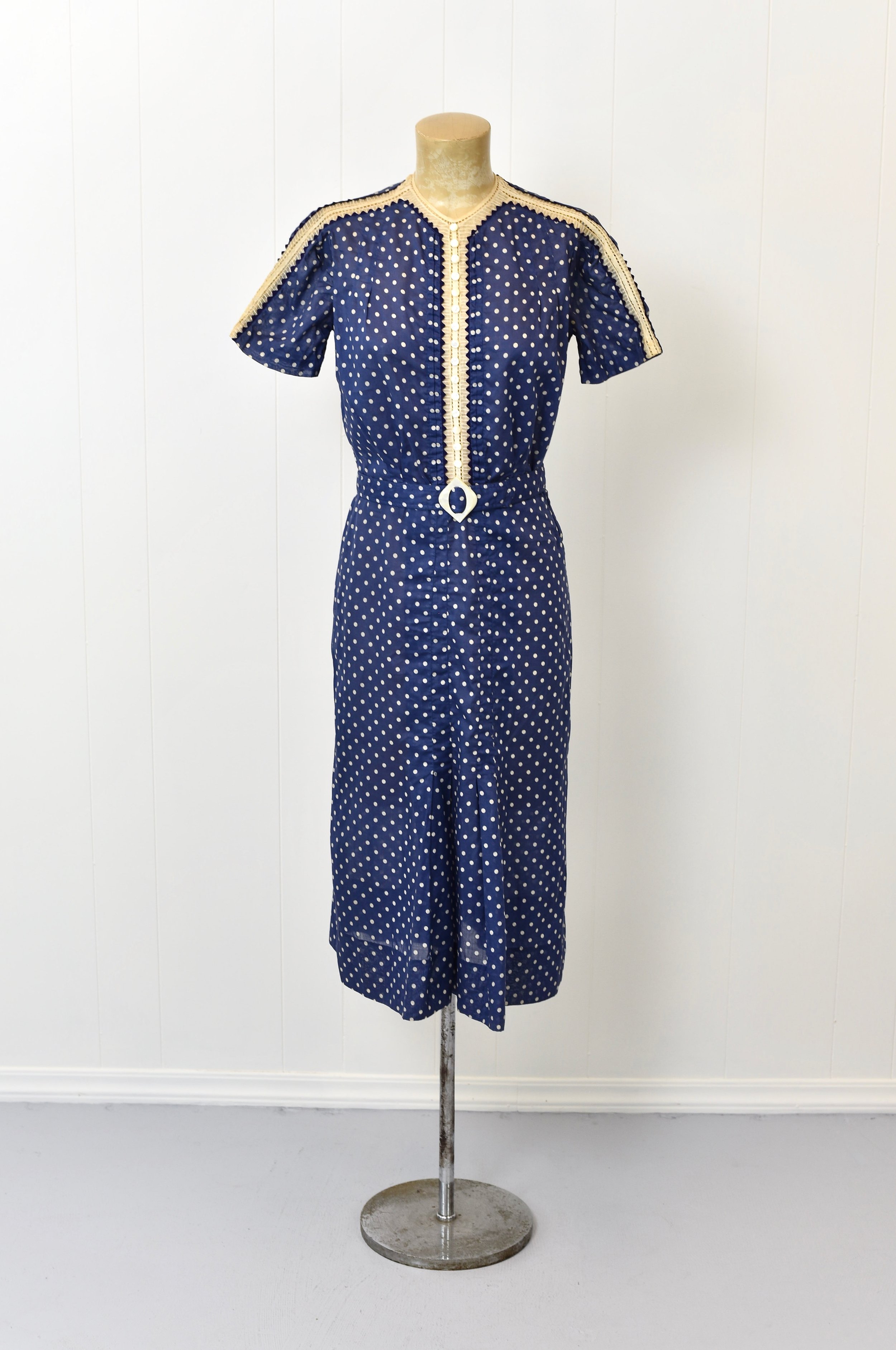 Early 1940s Polka Dot Blue Lace Dress with Belt  Canned Ham Vintage