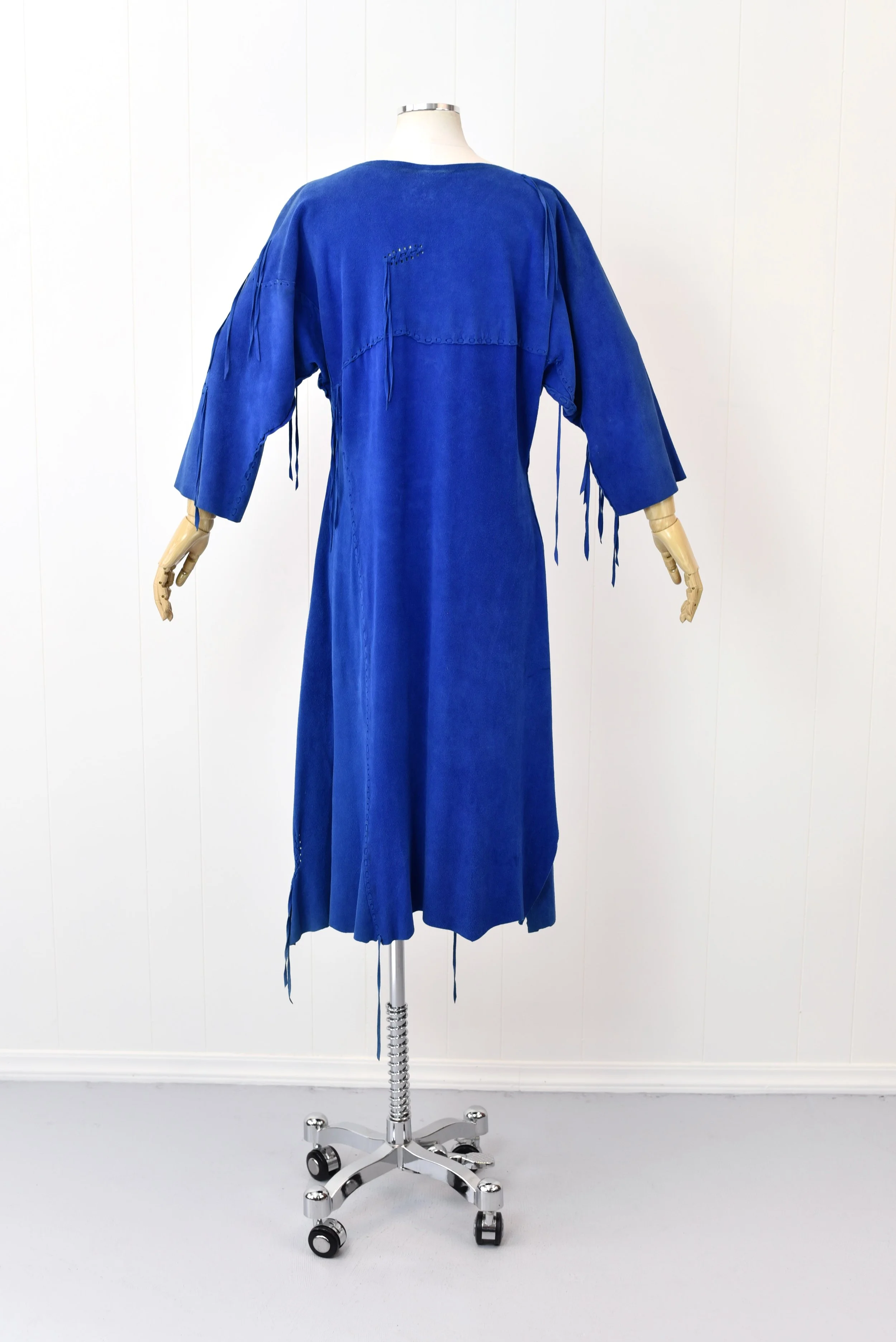 1980s/1990s Blue Fringe Deerskin Suede Erda Dress Canned Ham Vintage 1980s/1990s Blue Fringe Deerskin Suede Erda Dress Canned Ham Vintage