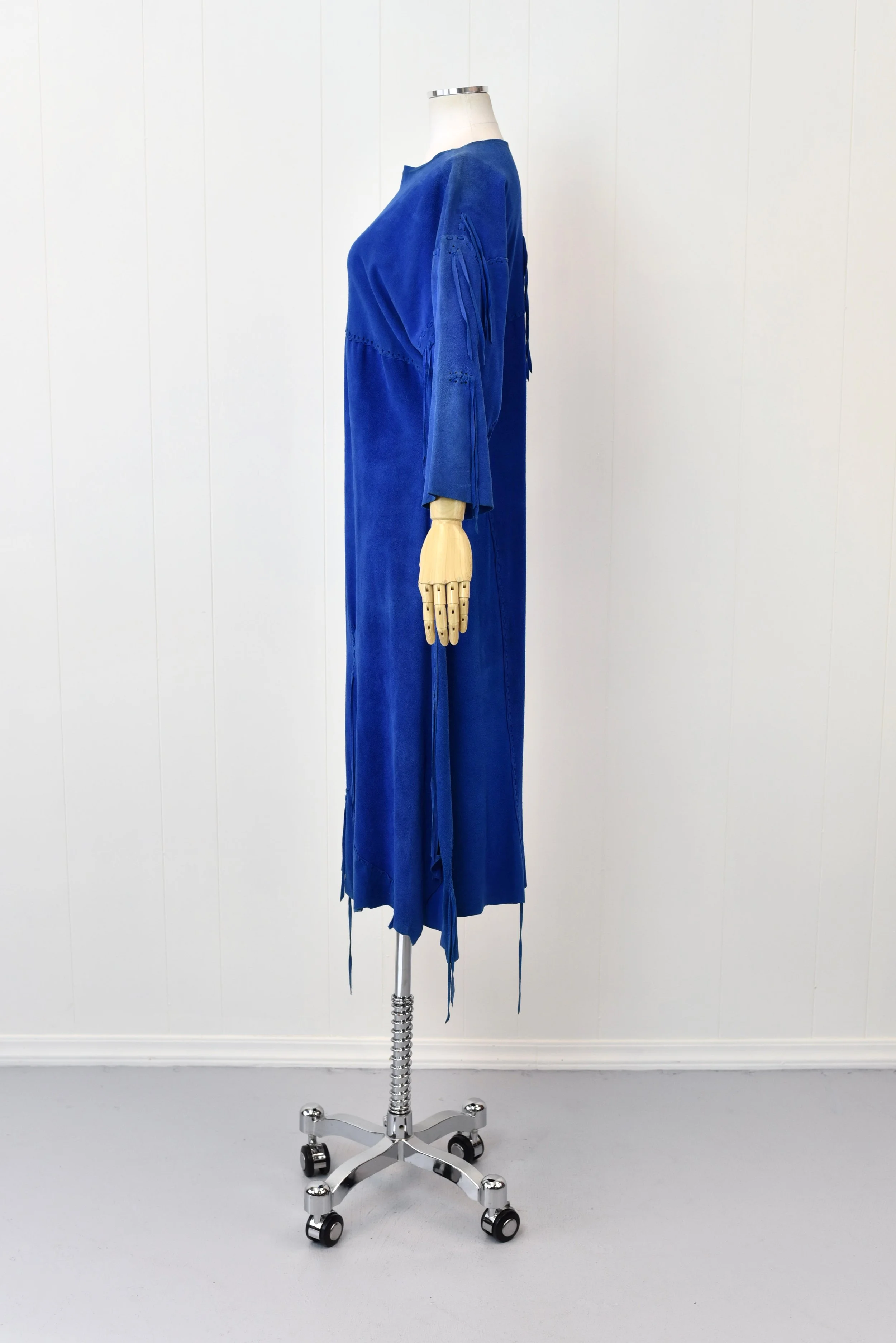 1980s/1990s Blue Fringe Deerskin Suede Erda Dress  Canned Ham Vintage