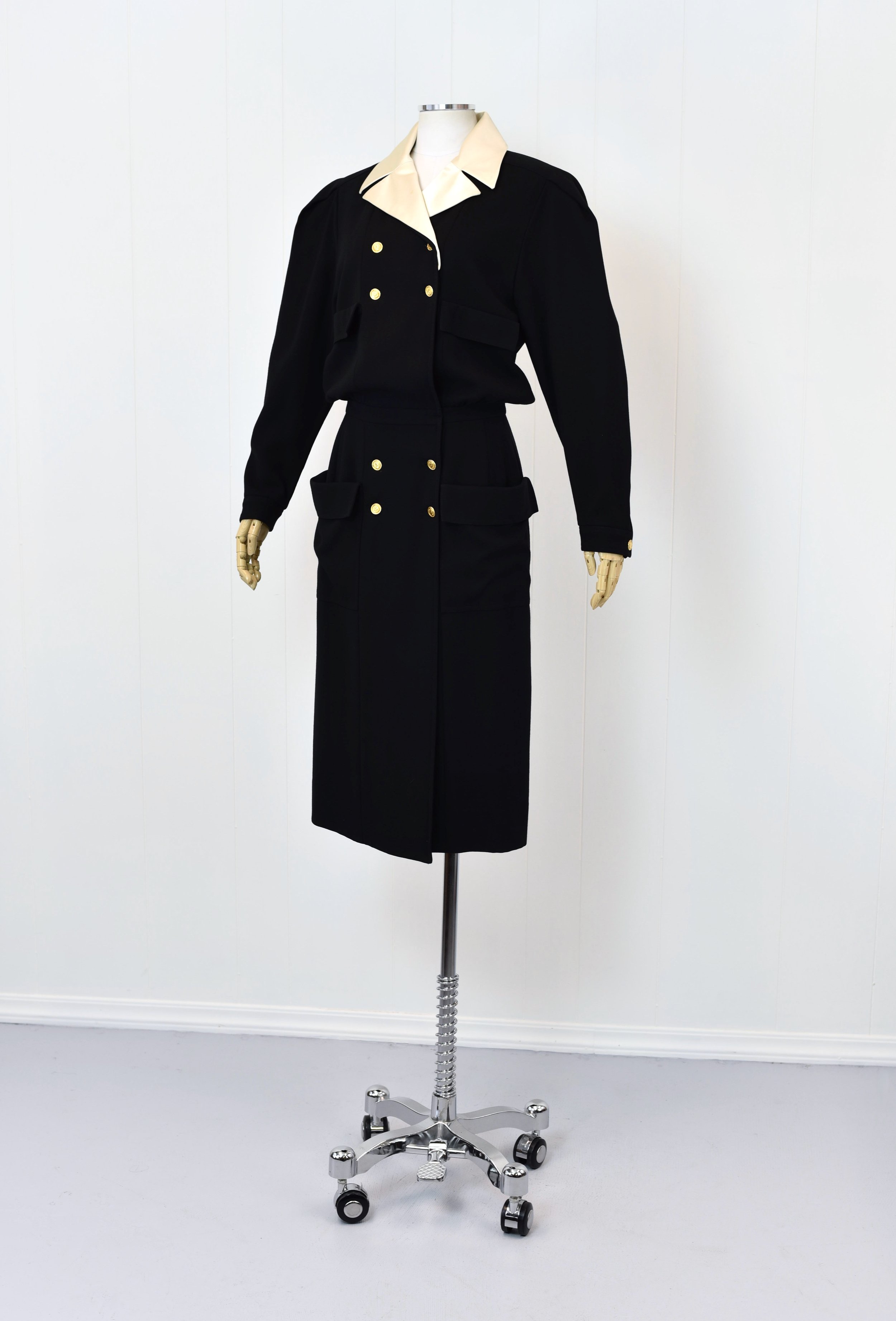 1980s Chanel Black & Ivory Dress with Novelty Face Buttons