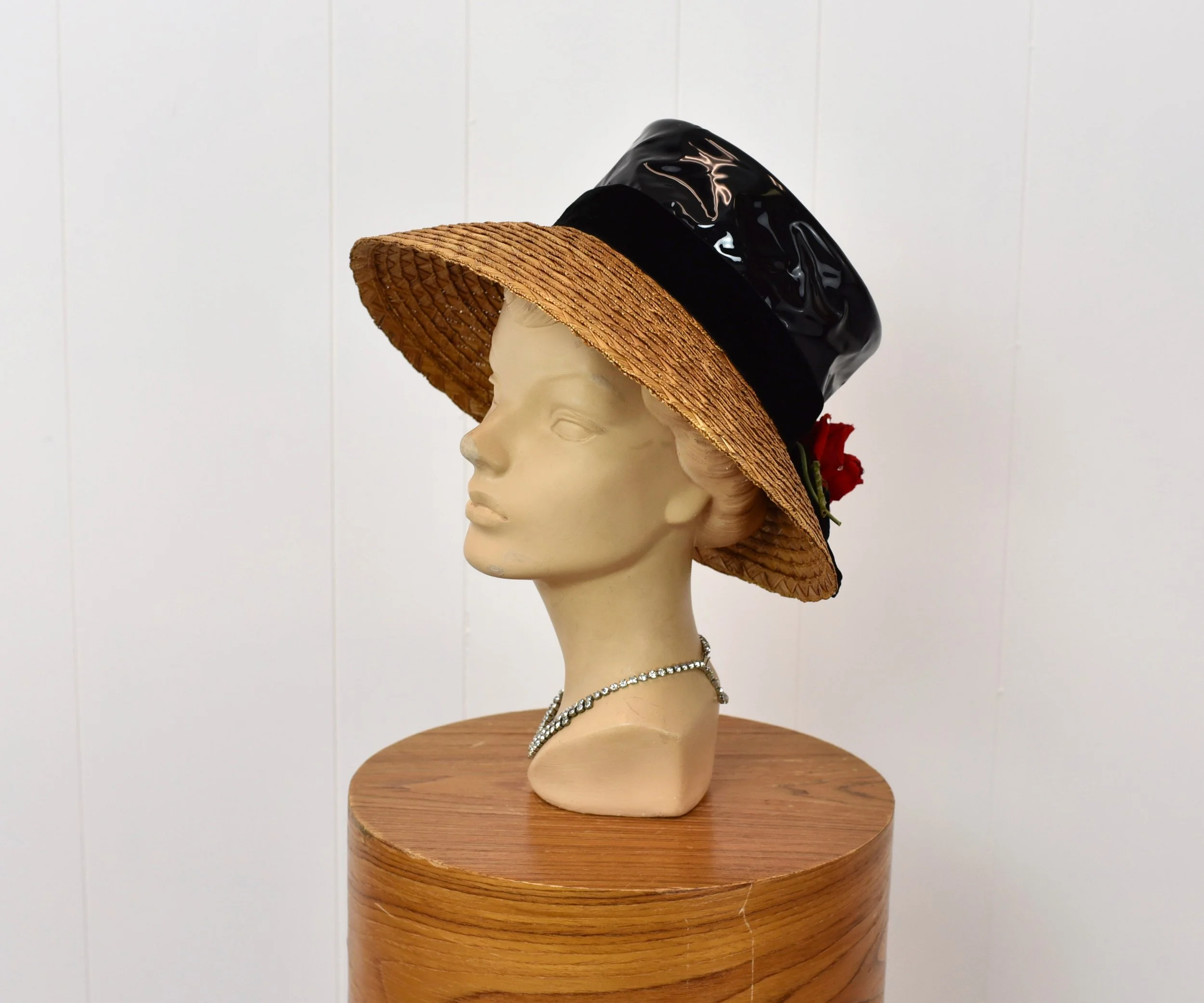 Vintage 1960s Black Straw Bucket Hat  with Large White Flower & Velvet  Ribbon A beautiful 1950 main image 3
