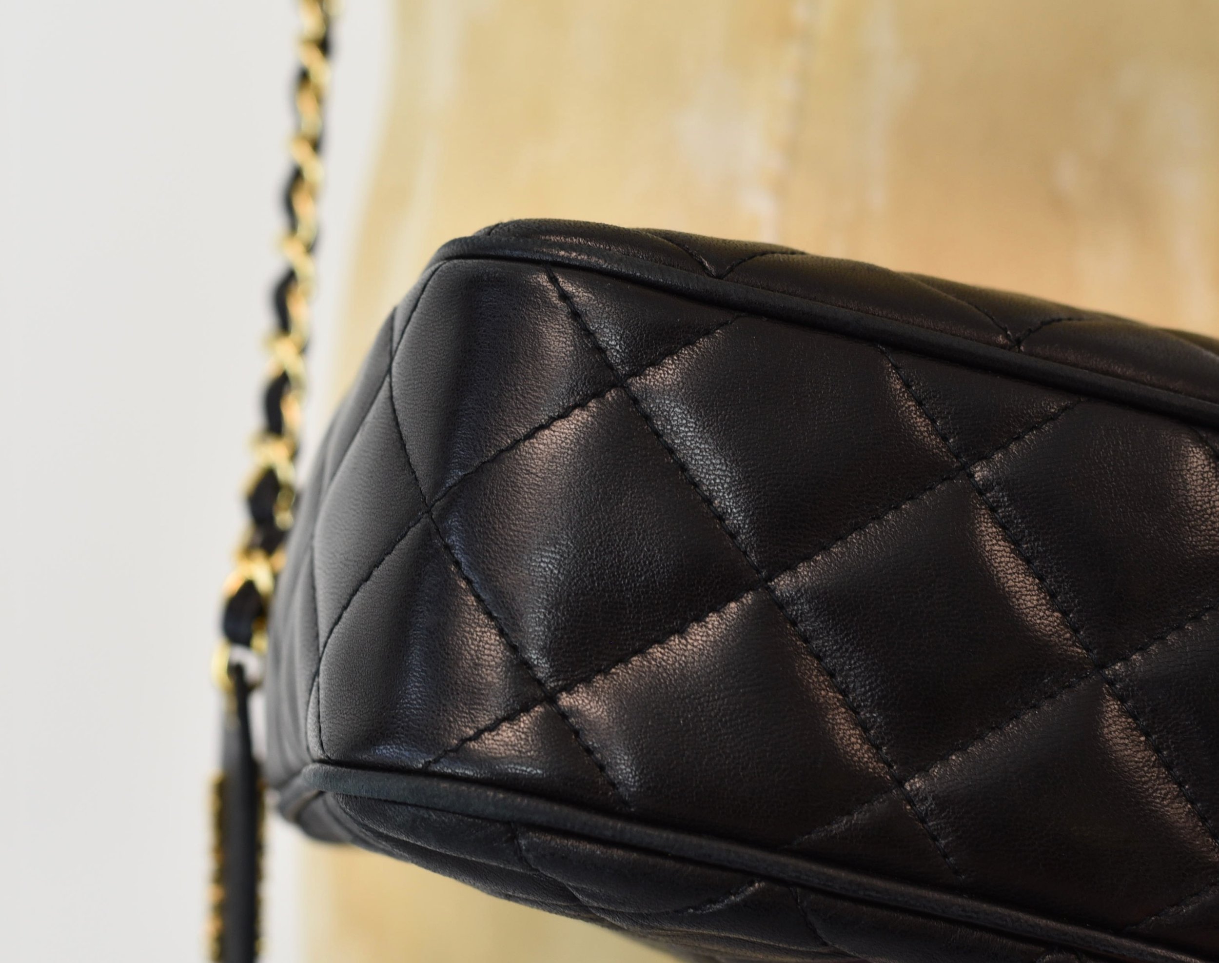 1990s Chanel Black Quilted Lambskin Leather with Gold Tone Hardware Camera Bag  Purse — Canned Ham Vintage