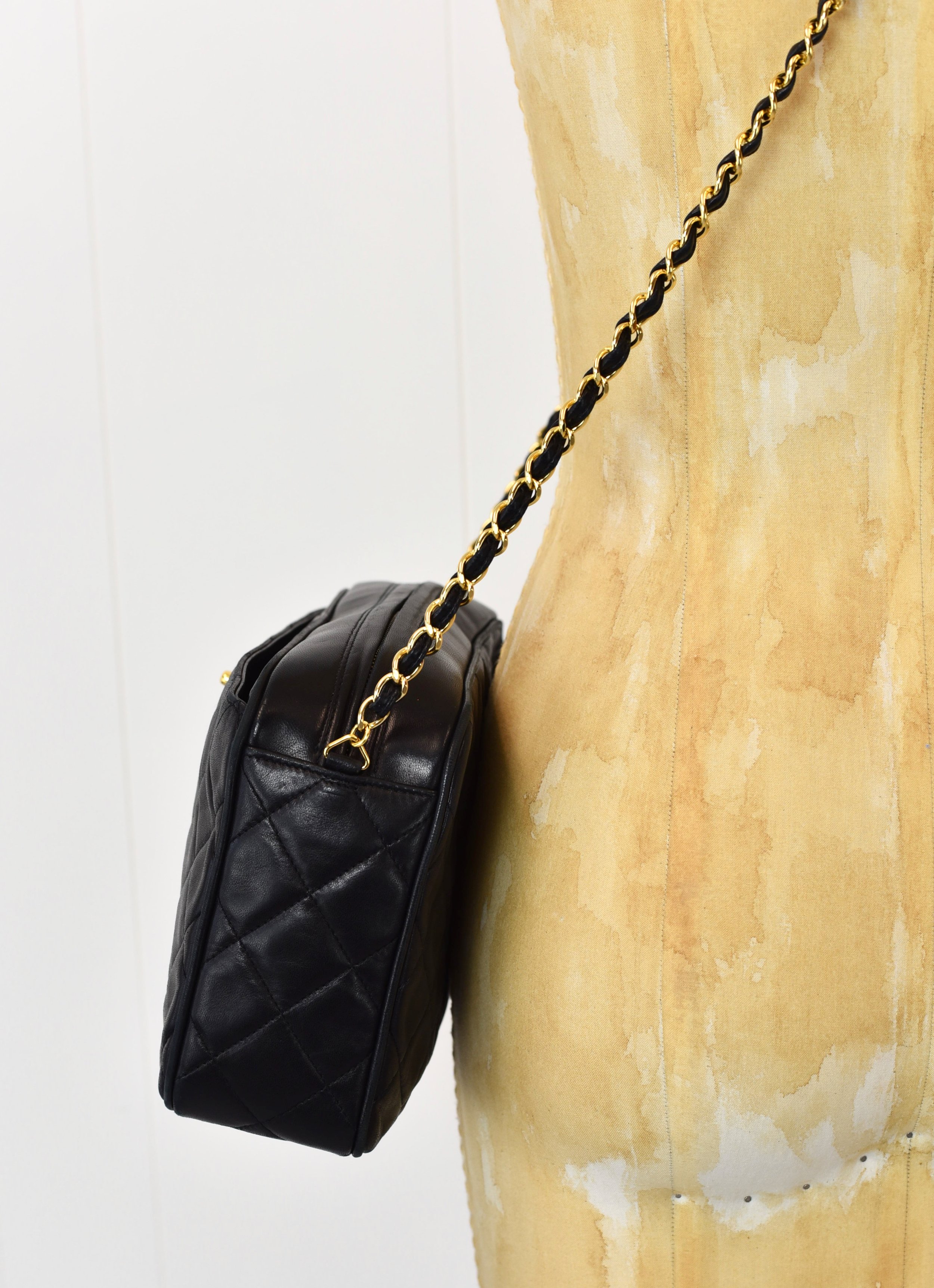 Chanel Black Camera Bag of Quilted Lambskin Leather with Gold Tone