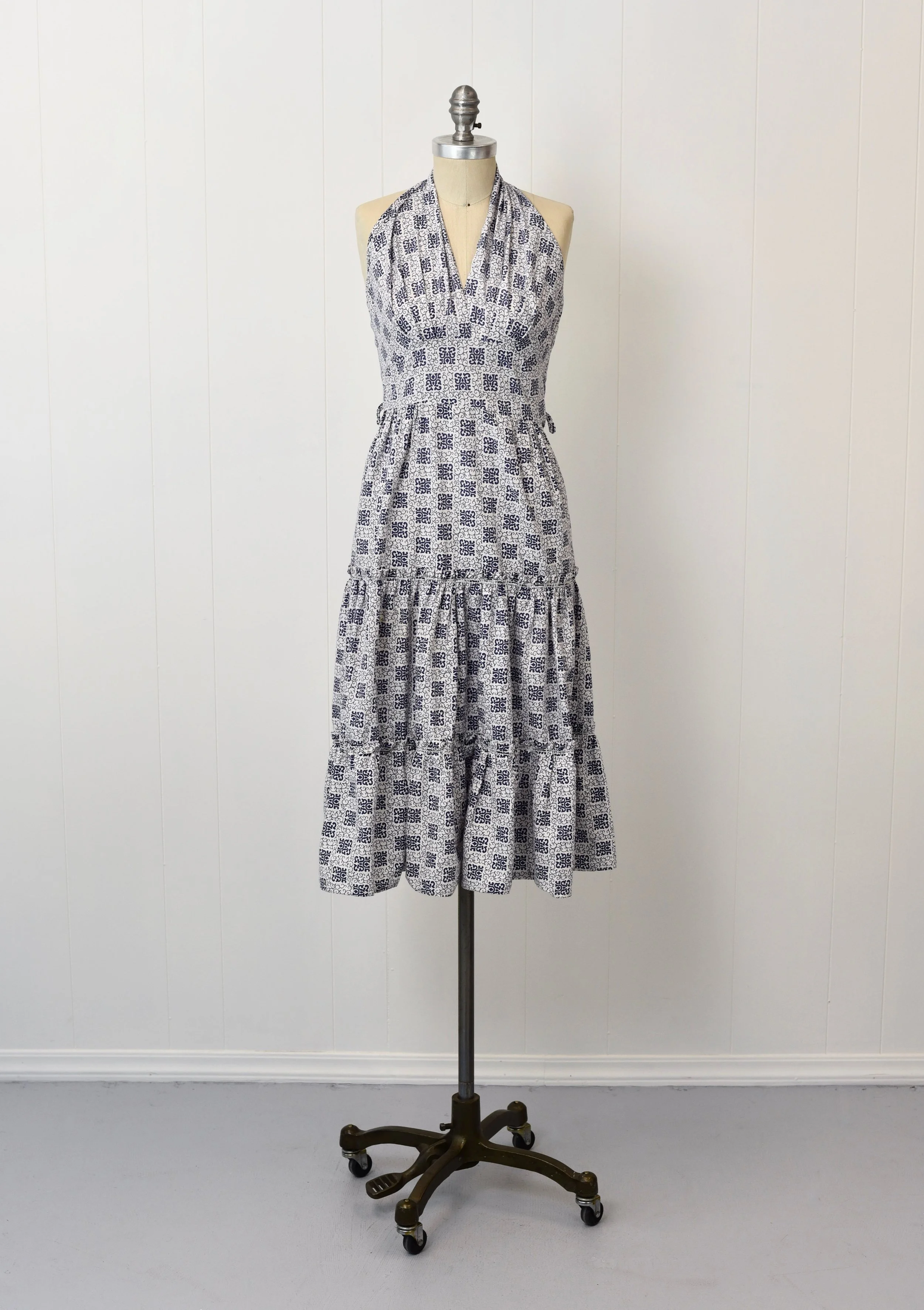 1950s Blue & White Halter Pinup Petite Day Dress  Canned Ham Vintage