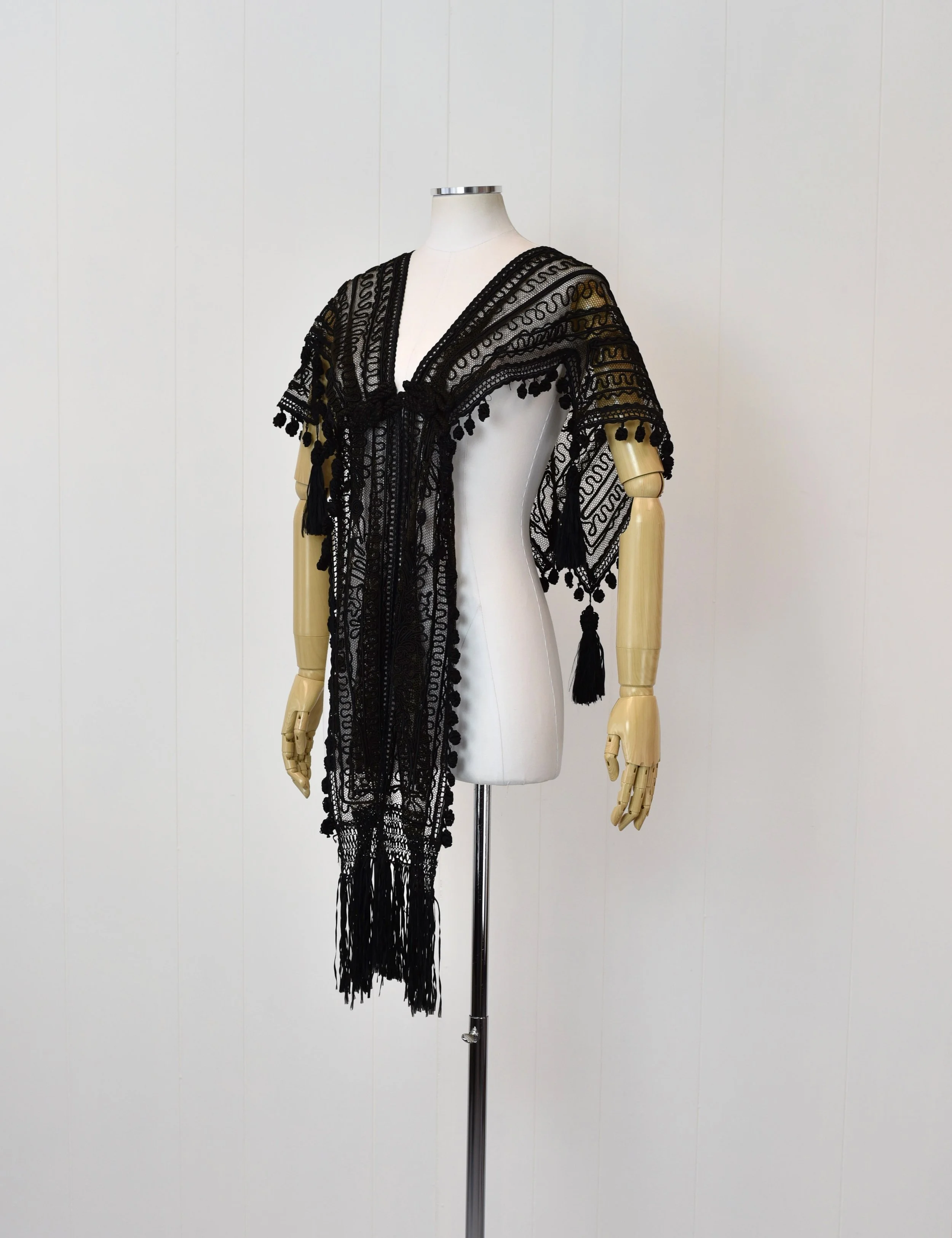 Antique Victorian Edwardian Black Soutache Fringe Tassel Sheer
